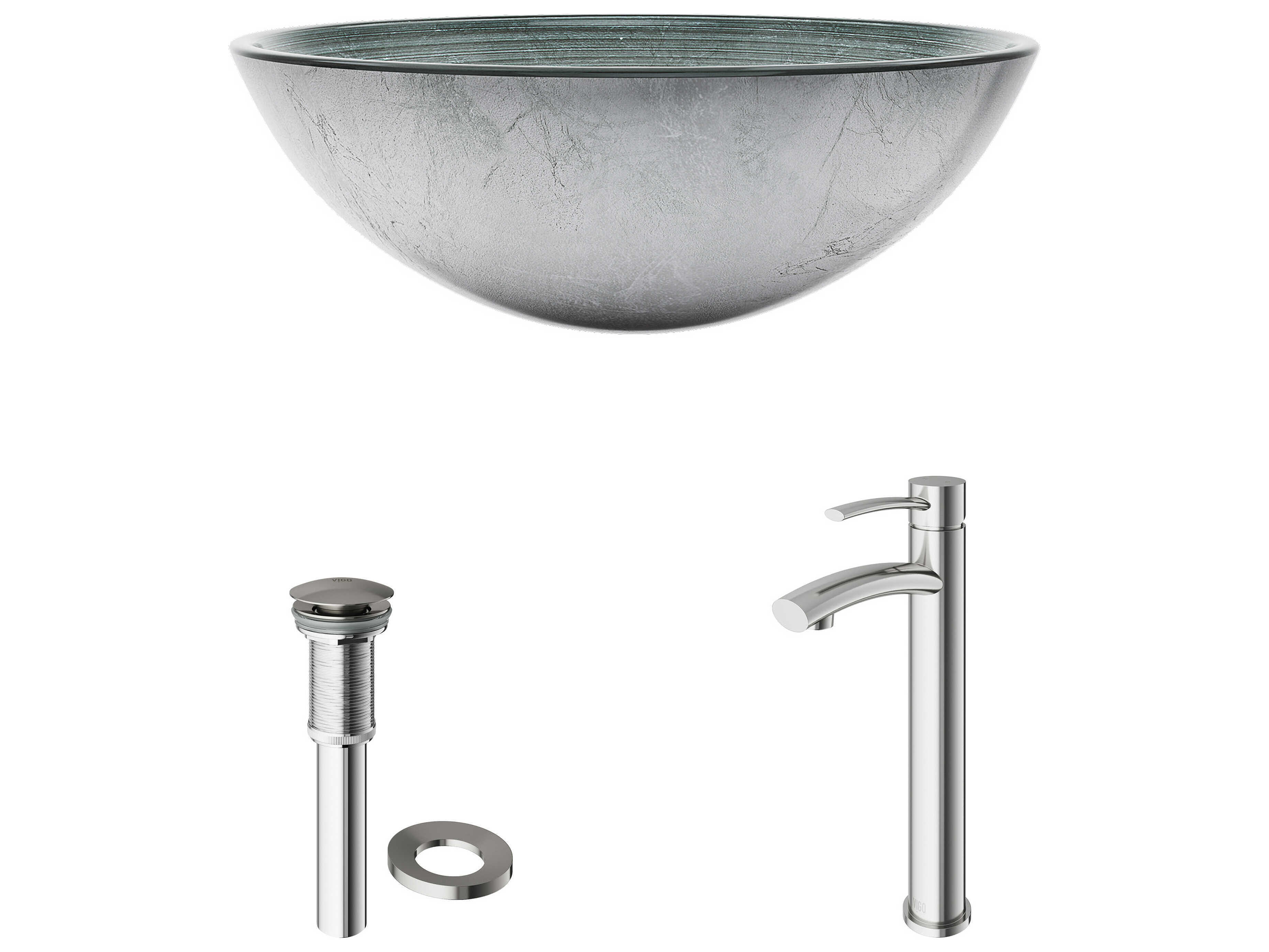 Vigo Simply Silver Round Vessel Bathroom Sink with Milo Faucet and Pop-Up Drain
