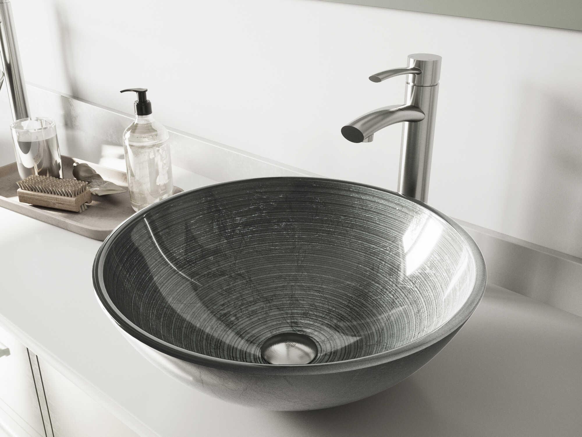 Vigo Simply Silver Round Vessel Bathroom Sink with Milo Faucet and Pop-Up Drain