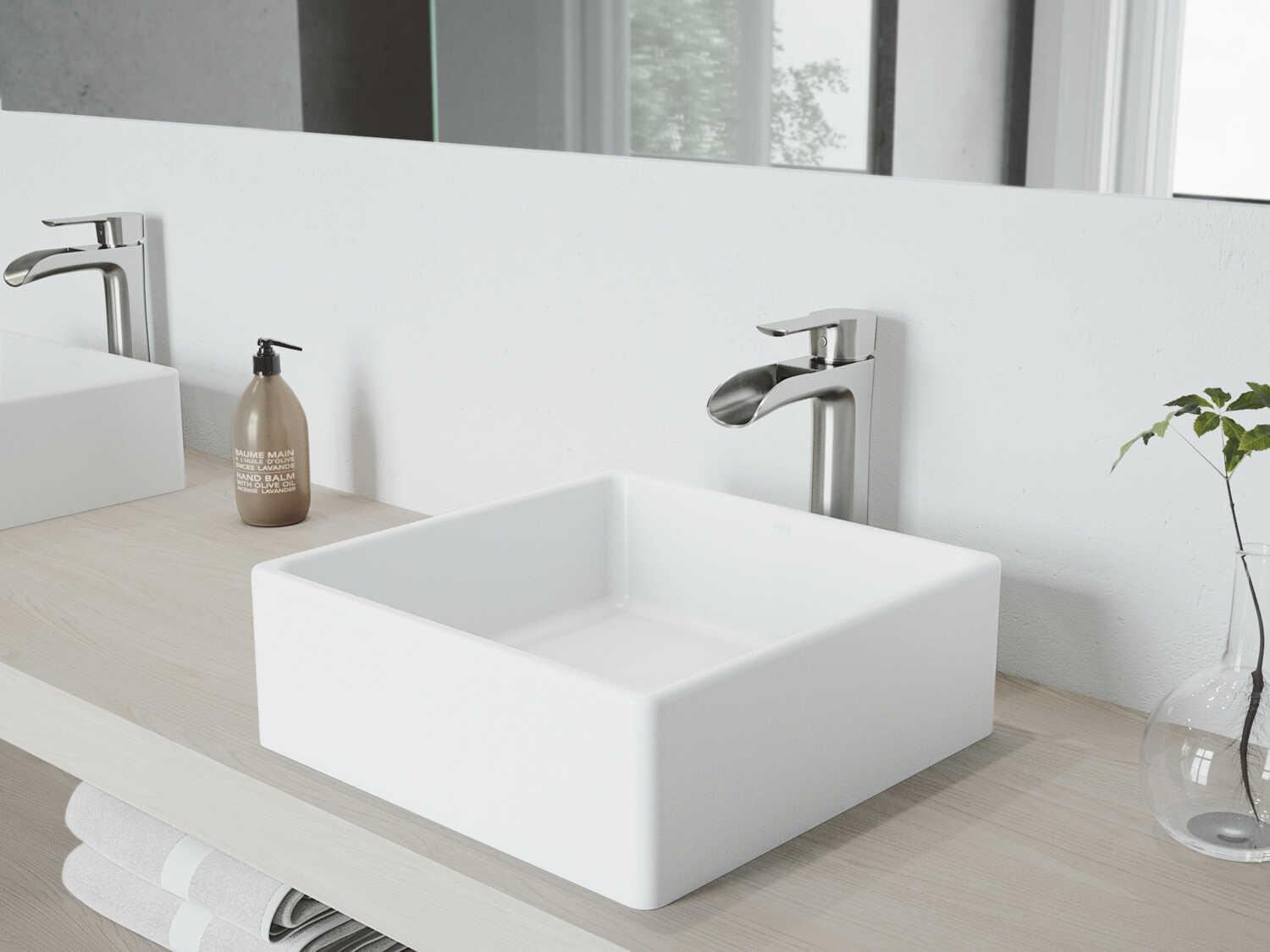 Vigo Dianthus Matte White 15" Square Vessel Bathroom Sink with Brushed Nickel 1-Lever Niko Faucet and Drain