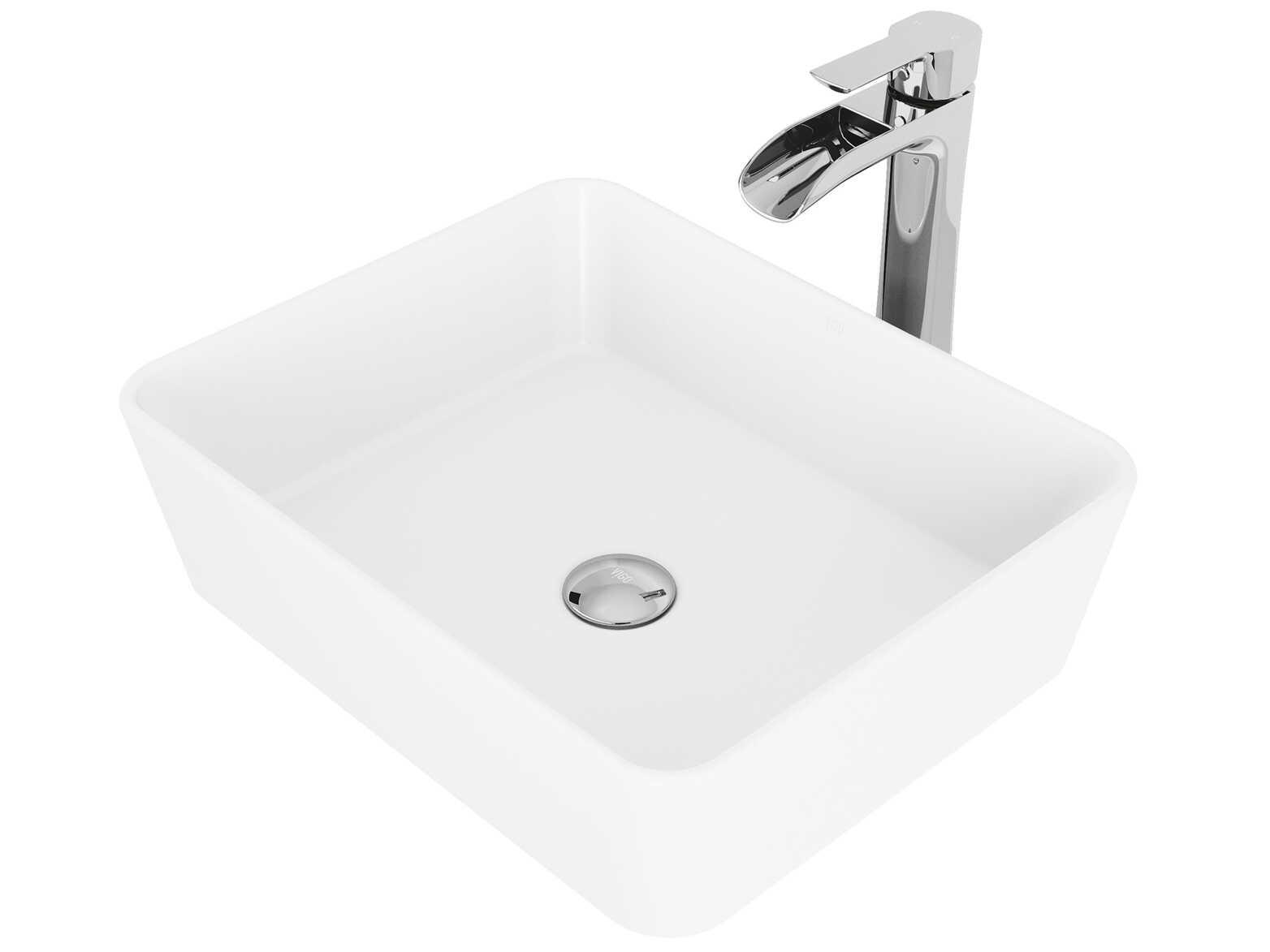 Vigo Marigold Matte White 18" Rectangular Vessel Bathroom Sink with Chrome 1-Lever Niko Faucet and Drain