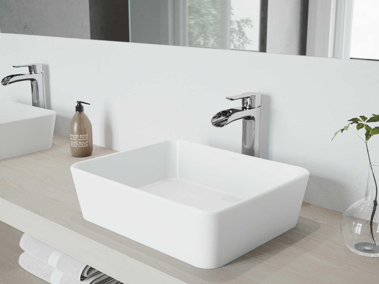 Vigo Marigold Matte White 18" Rectangular Vessel Bathroom Sink with Chrome 1-Lever Niko Faucet and Matte White Drain
