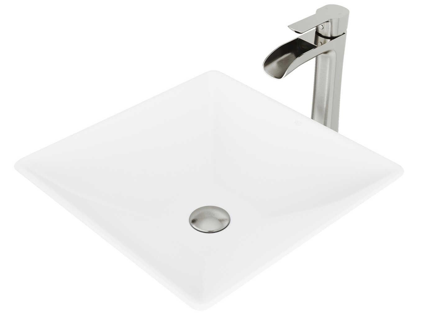 Vigo Hibiscus Matte White 16" Square Vessel Bathroom Sink with Brushed Nickel 1-Lever Niko Faucet and Drain