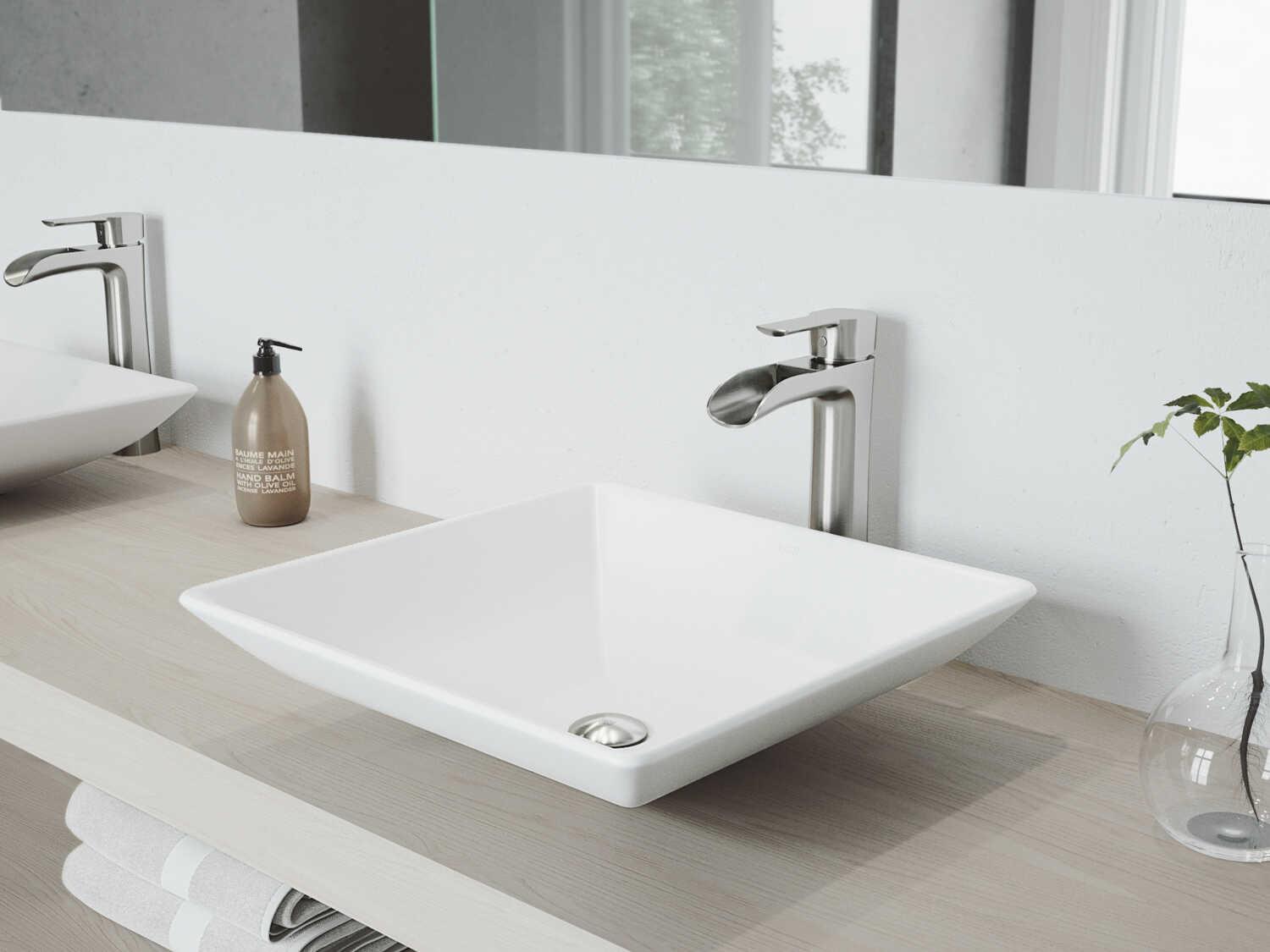 Vigo Hibiscus Matte White 16" Square Vessel Bathroom Sink with Brushed Nickel 1-Lever Niko Faucet and Drain