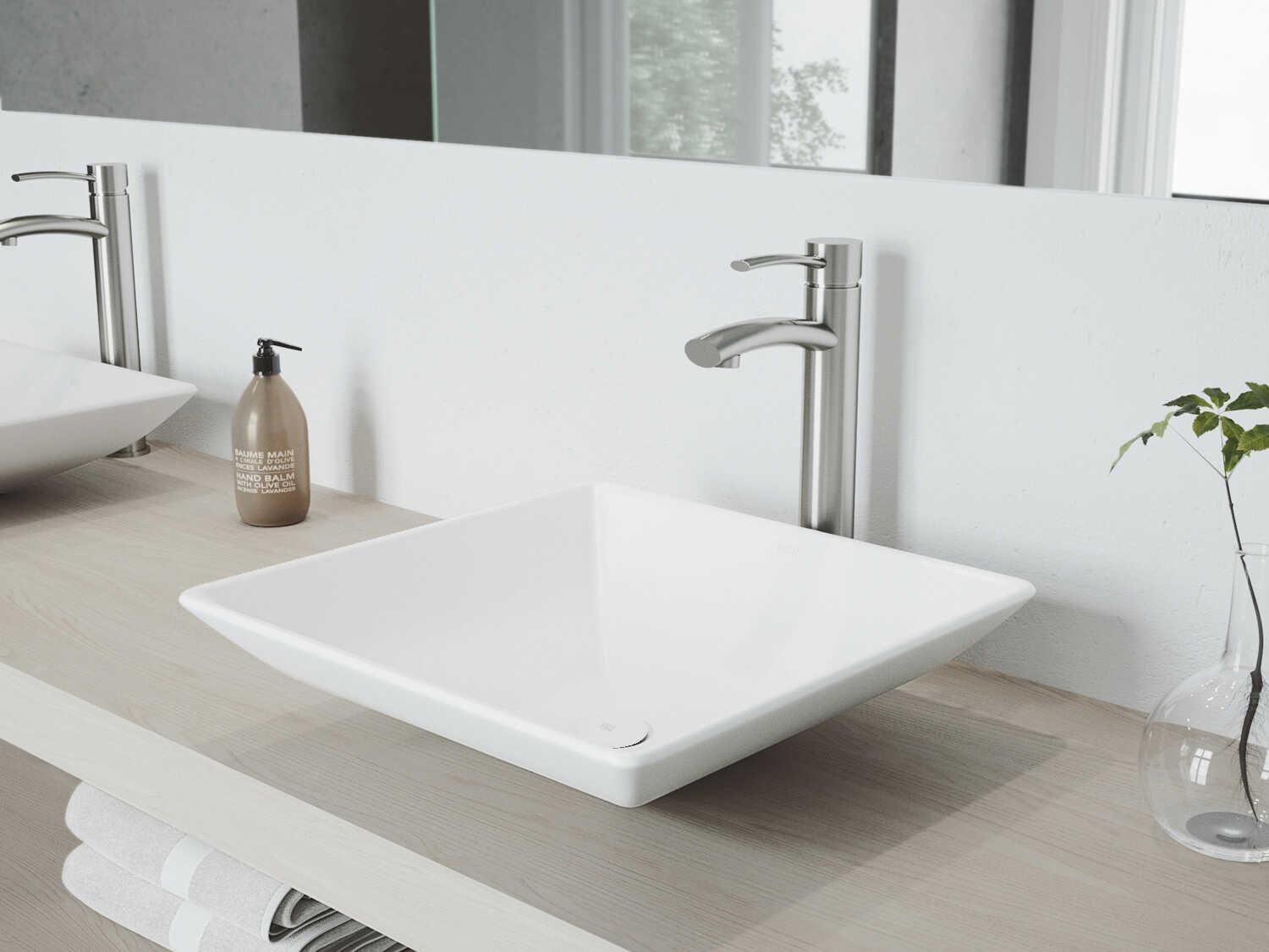Vigo Hibiscus Square Vessel Bathroom Sink with Milo Faucet and Pop-Up Drain