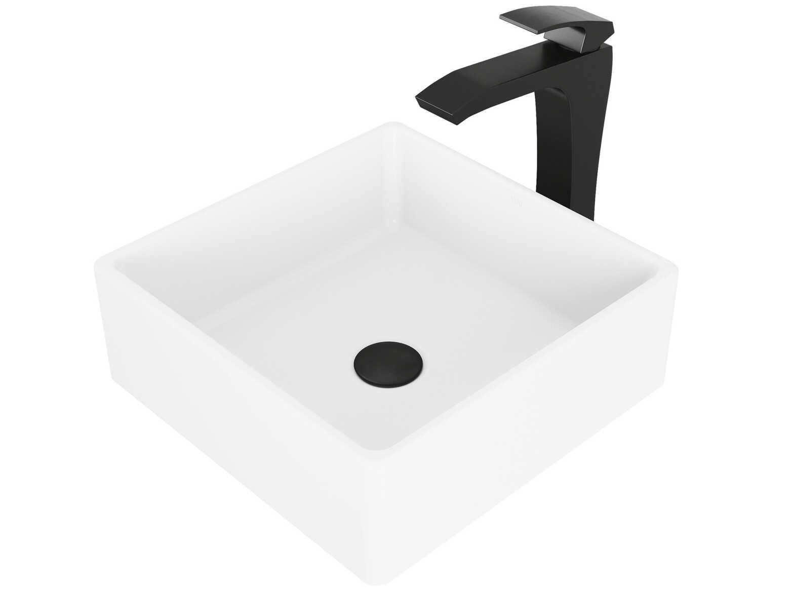 Vigo Dianthus Matte White 15" Square Vessel Bathroom Sink with Matte Black 1-Lever Blackstonian Faucet and Drain