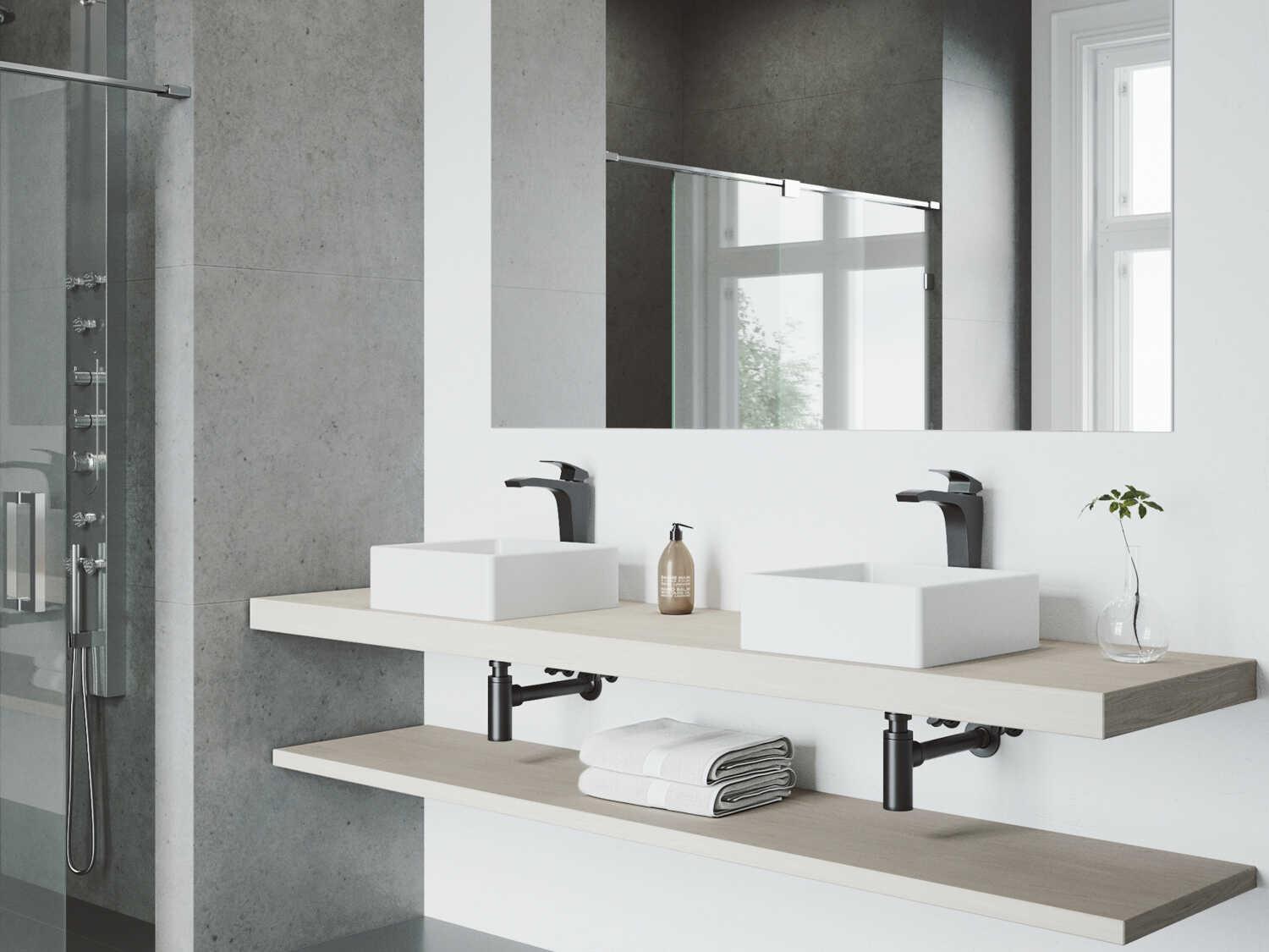 Vigo Dianthus Matte White 15" Square Vessel Bathroom Sink with Matte Black 1-Lever Blackstonian Faucet and Drain