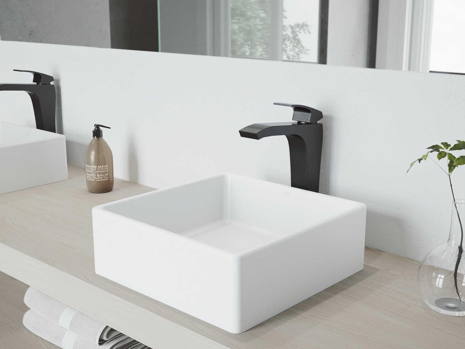 Vigo Dianthus Matte White 15" Square Vessel Bathroom Sink with Matte Black 1-Lever Blackstonian Faucet and Drain