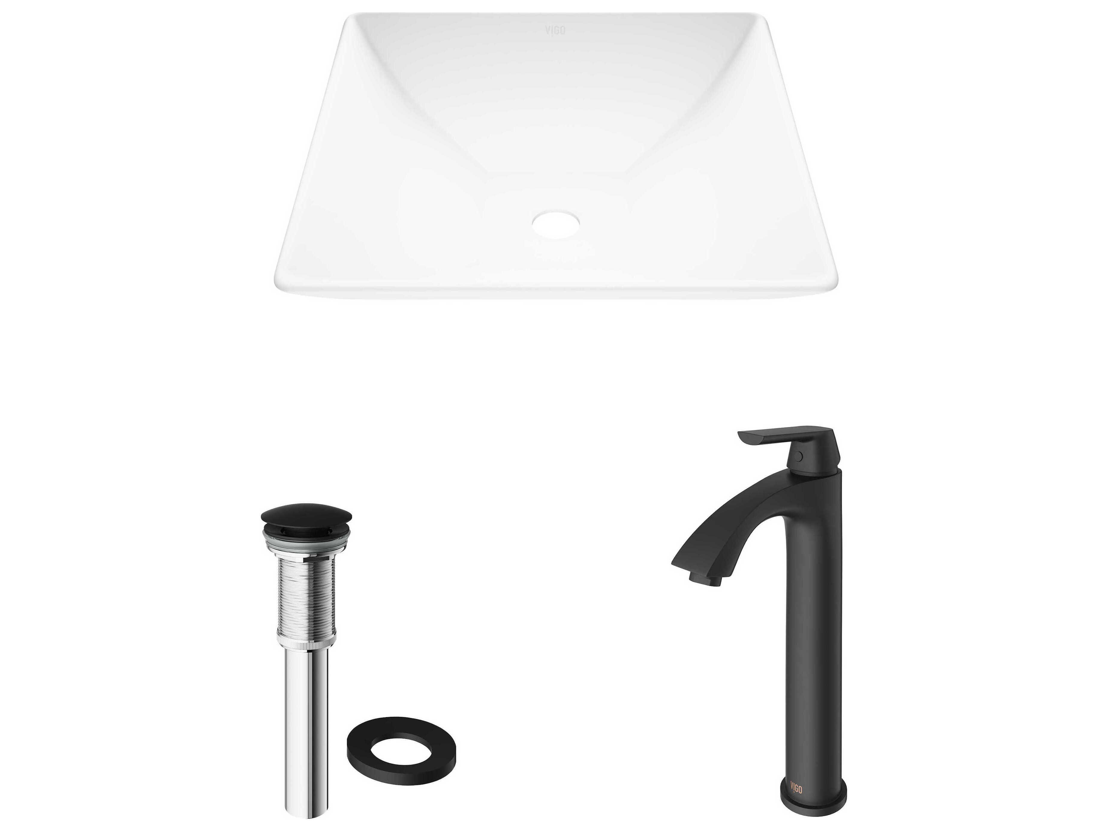 Vigo Hibiscus Matte White 16" Square Vessel Bathroom Sink with Matte Black 1-Lever Linus Faucet and Drain