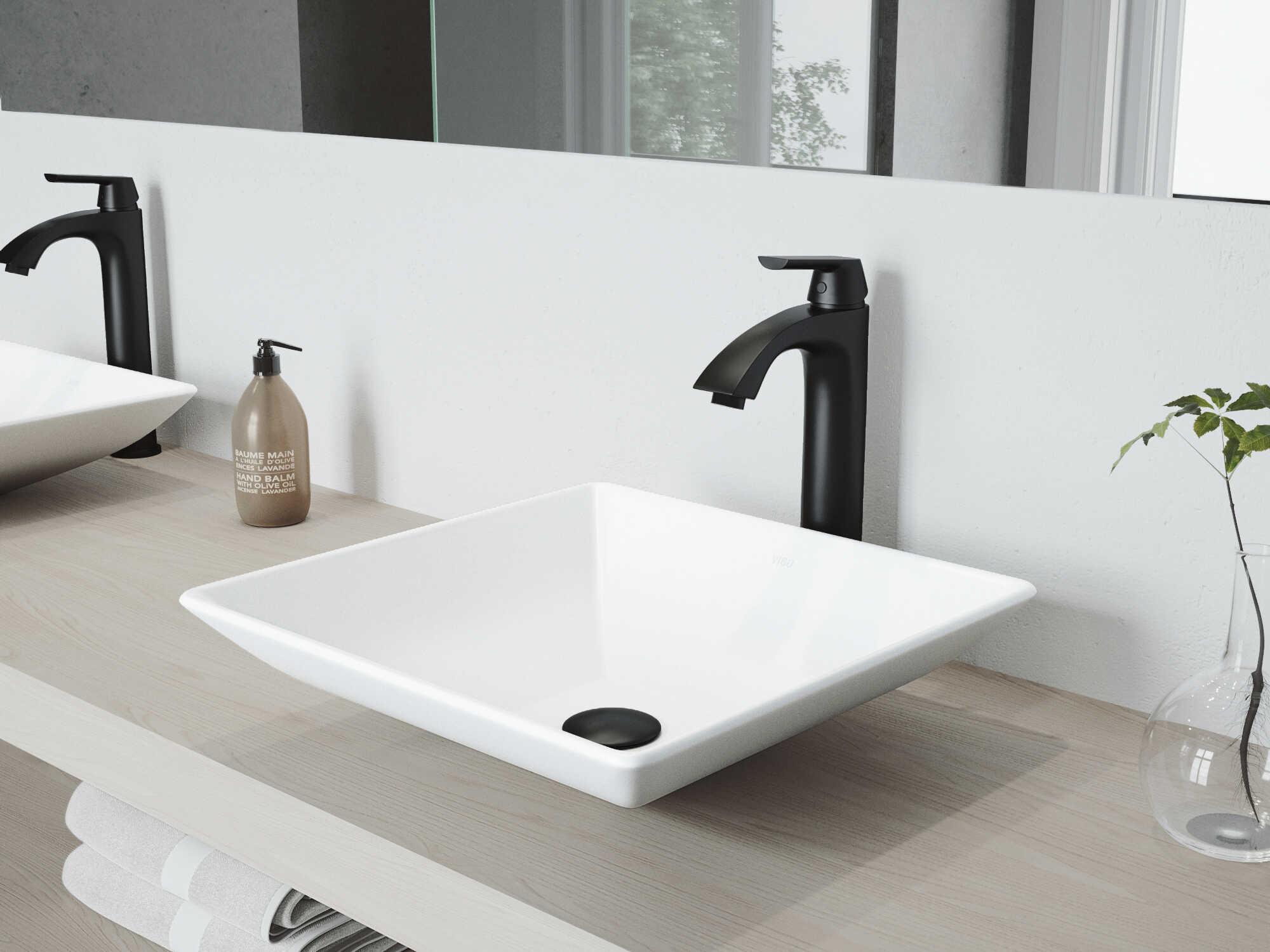 Vigo Hibiscus Matte White 16" Square Vessel Bathroom Sink with Matte Black 1-Lever Linus Faucet and Drain