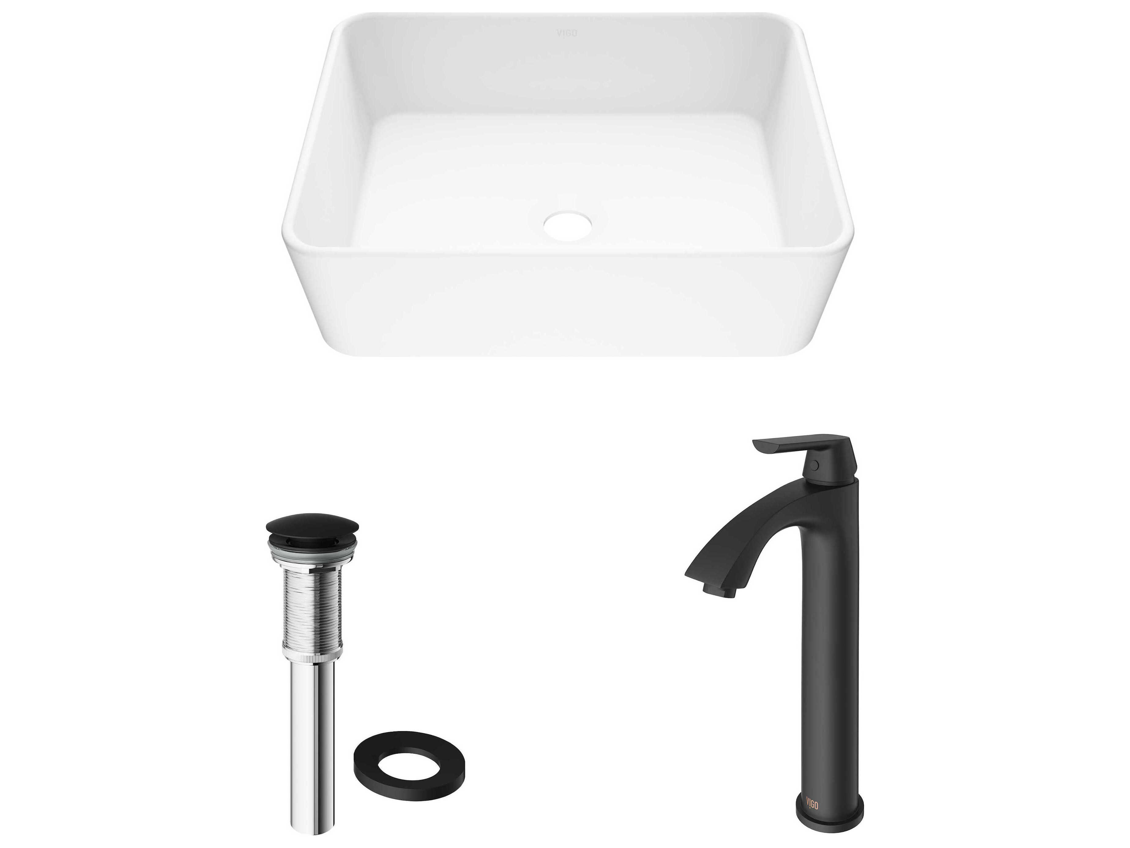 Vigo Marigold Matte White 18" Rectangular Vessel Bathroom Sink with Matte Black 1-Lever Linus Faucet and Drain