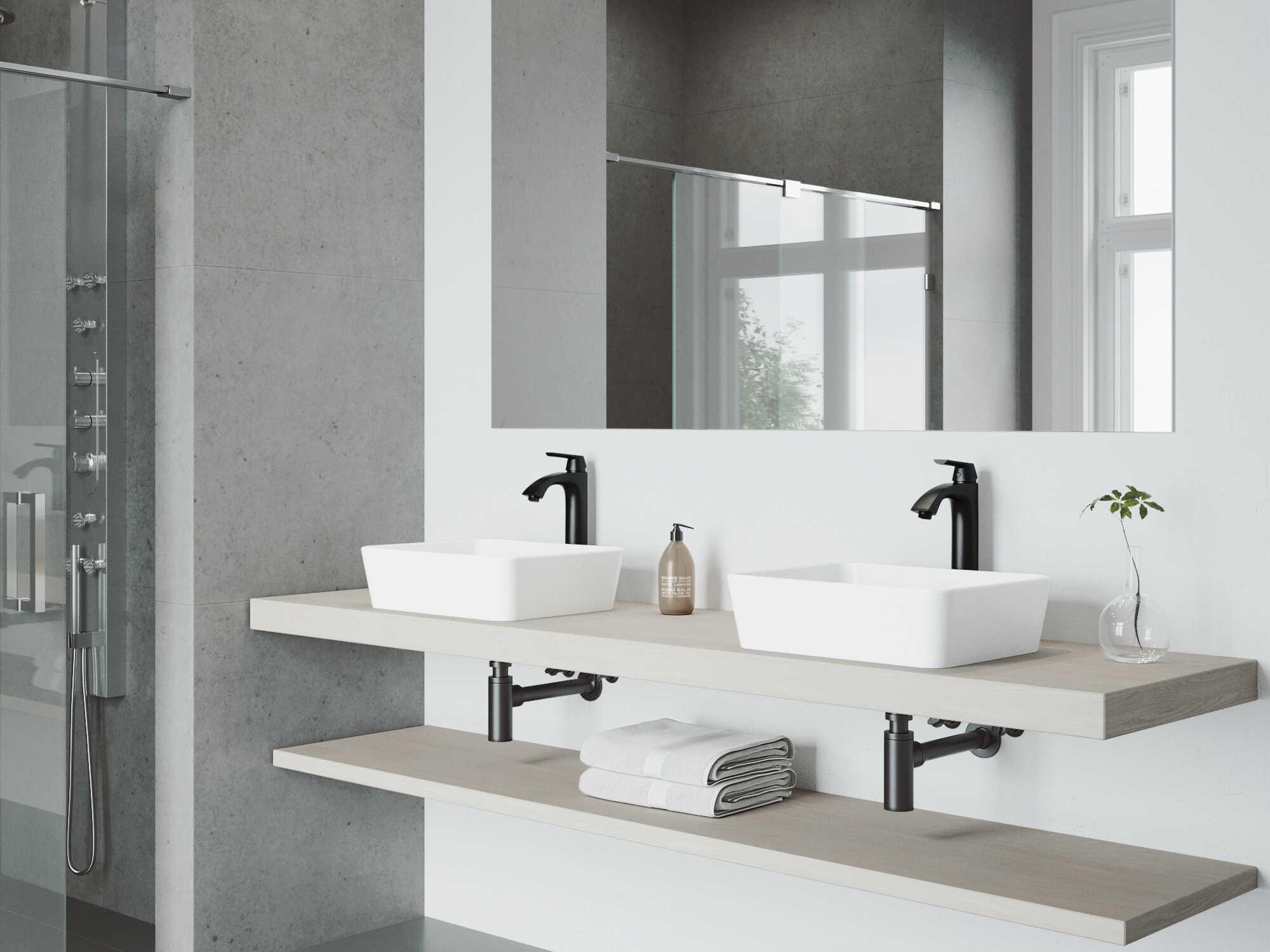 Vigo Marigold Matte White 18" Rectangular Vessel Bathroom Sink with Matte Black 1-Lever Linus Faucet and Drain