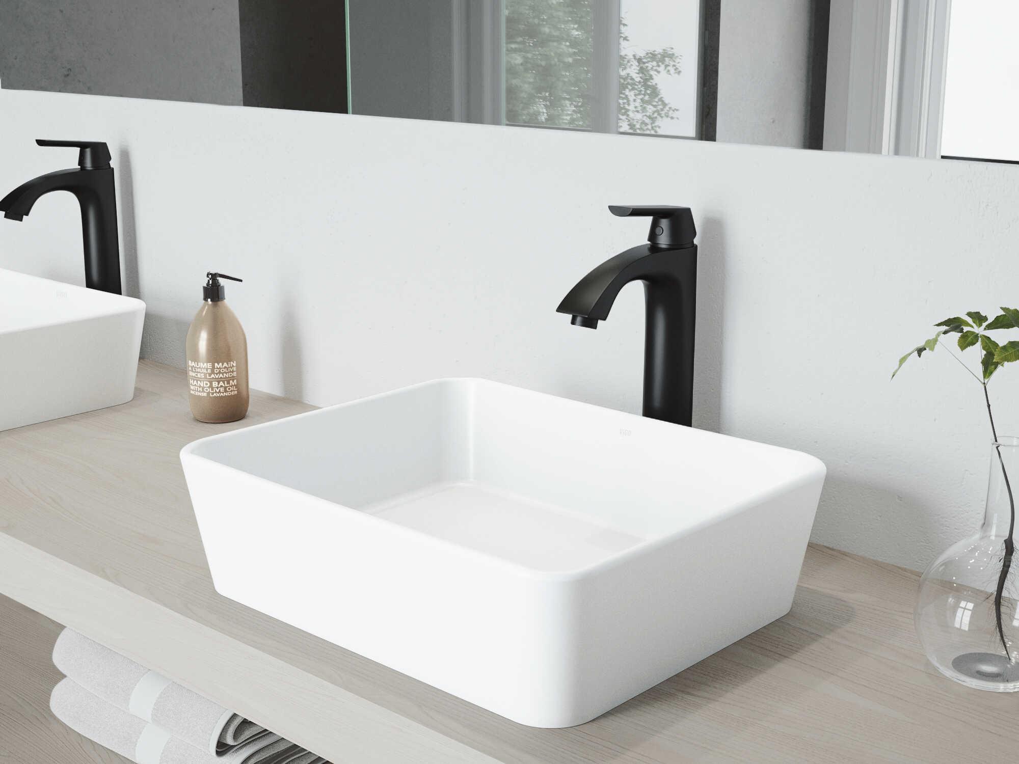 Vigo Marigold Matte White 18" Rectangular Vessel Bathroom Sink with Matte Black 1-Lever Linus Faucet and Drain