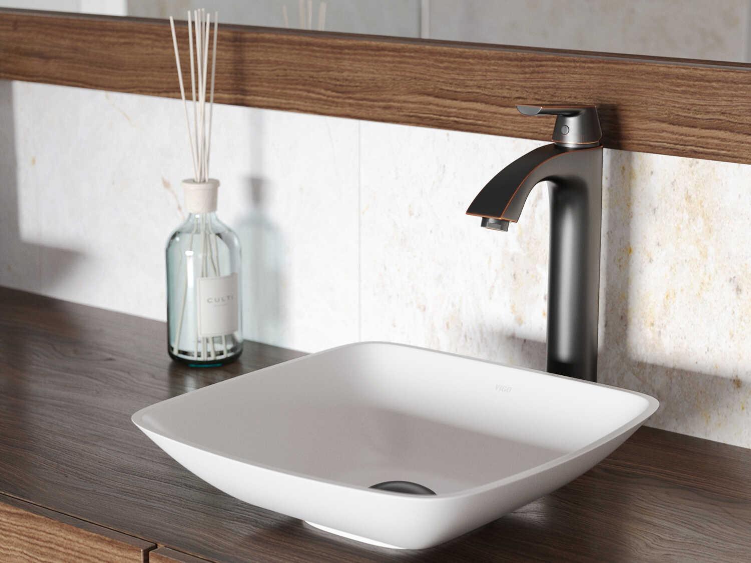 Vigo Hyacinth Matte White 14" Square Vessel Bathroom Sink with Antique Rubbed Bronze 1-Lever Linus Faucet and Drain
