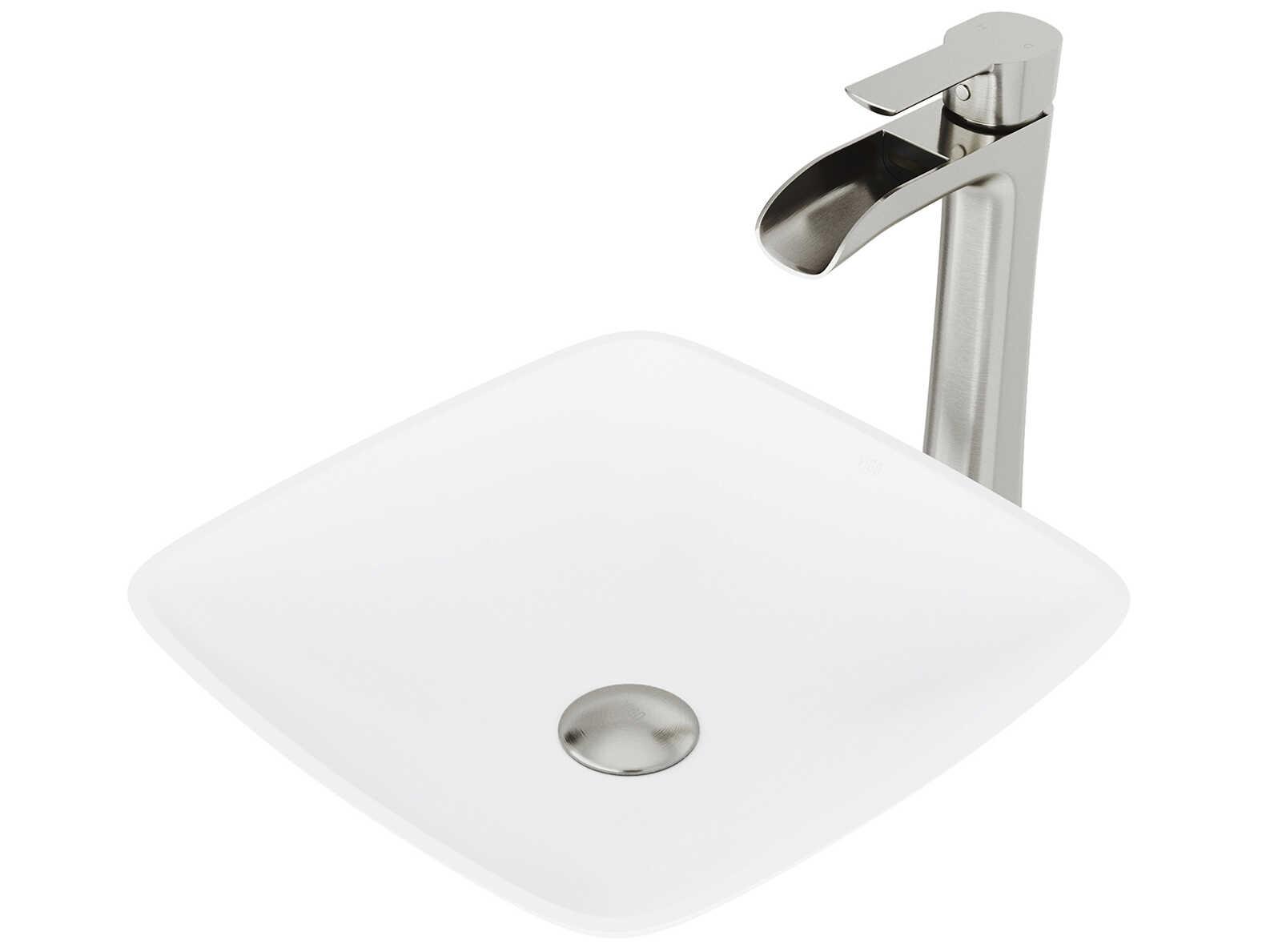Vigo Hyacinth Matte White 14" Square Vessel Bathroom Sink with Brushed Nickel 1-Lever Niko Faucet and Drain