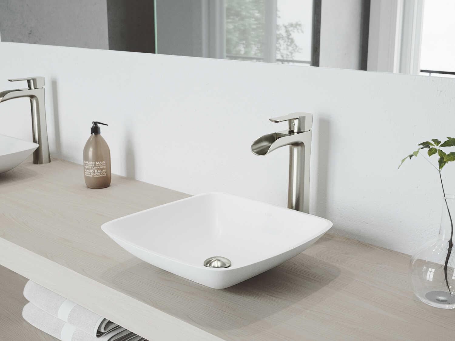 Vigo Hyacinth Matte White 14" Square Vessel Bathroom Sink with Brushed Nickel 1-Lever Niko Faucet and Drain