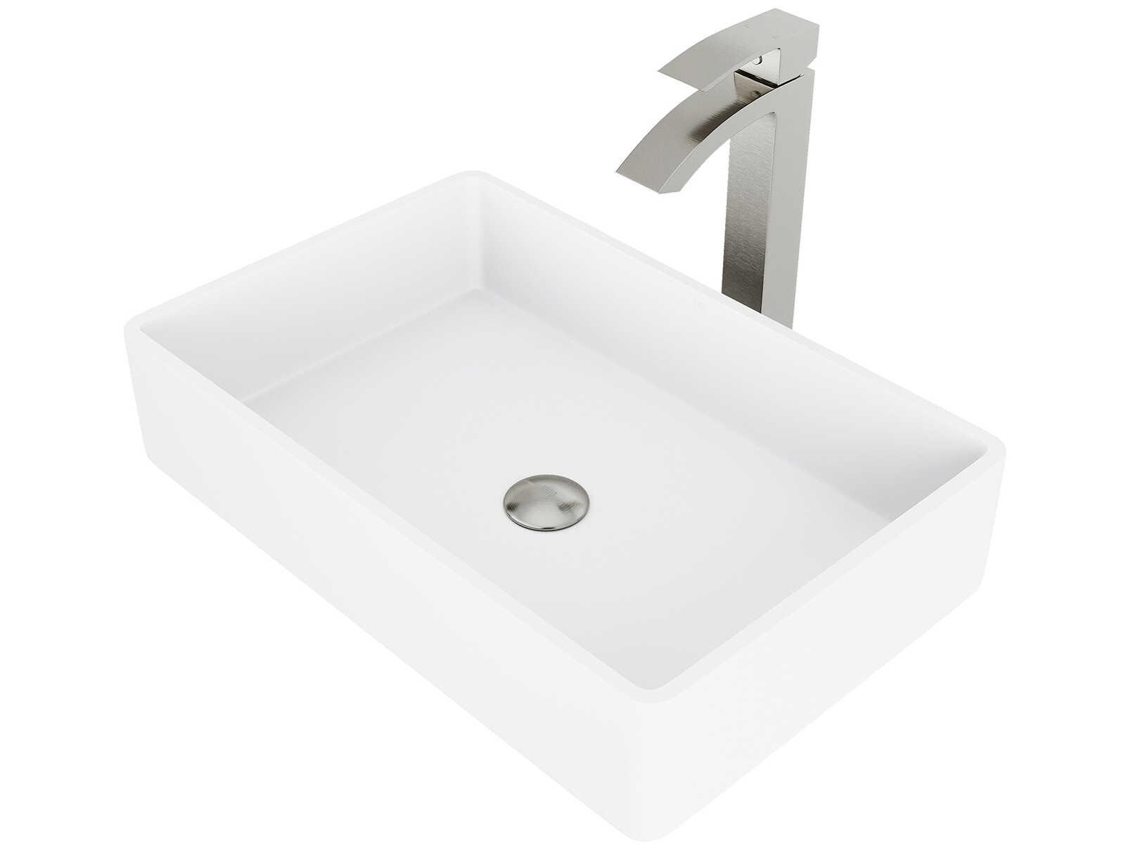 Vigo Magnolia Matte White 21" Rectangular Vessel Bathroom Sink with Brushed Nickel 1-Lever Duris Faucet and Drain