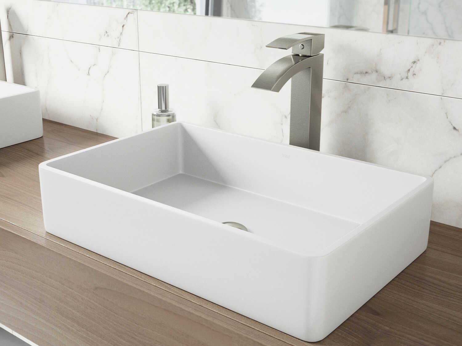 Vigo Magnolia Matte White 21" Rectangular Vessel Bathroom Sink with Brushed Nickel 1-Lever Duris Faucet and Drain