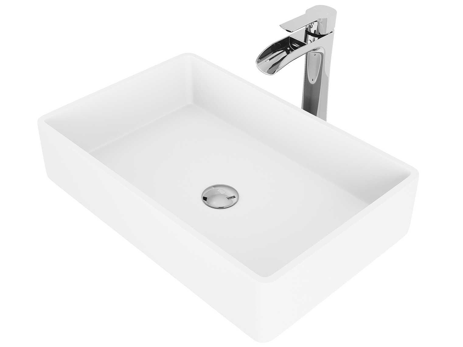 Vigo Magnolia Matte White 21" Rectangular Vessel Bathroom Sink with Chrome 1-Lever Niko Faucet and Drain
