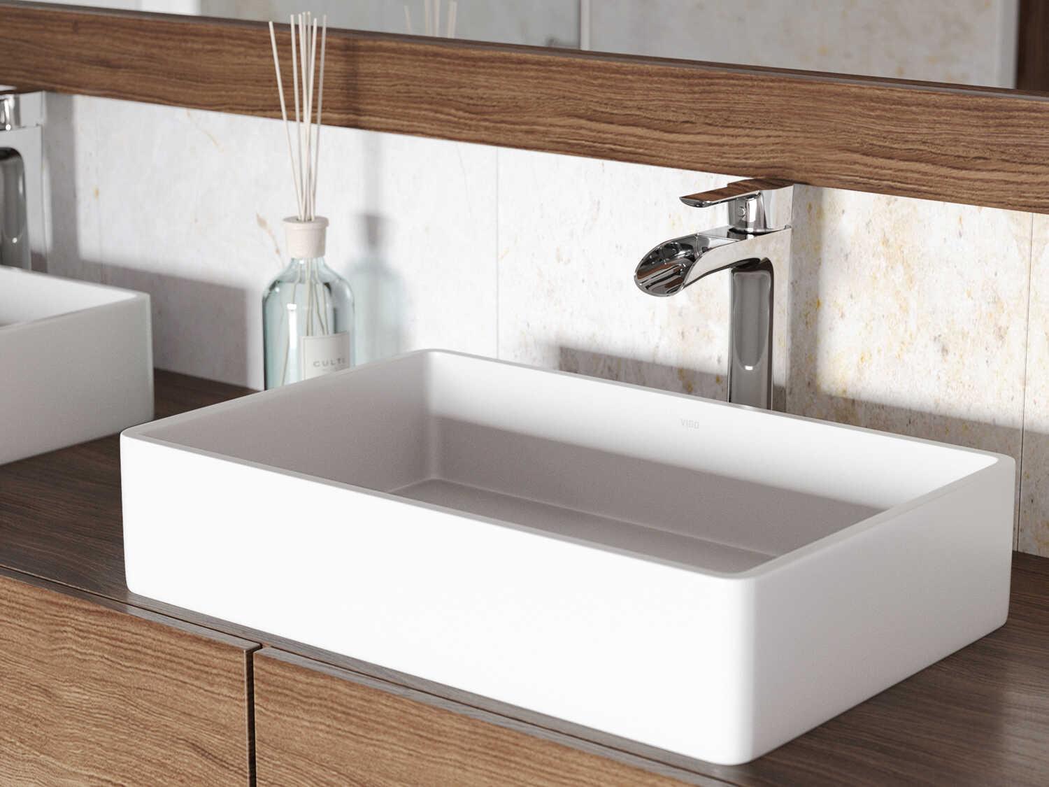 Vigo Magnolia Matte White 21" Rectangular Vessel Bathroom Sink with Chrome 1-Lever Niko Faucet and Drain