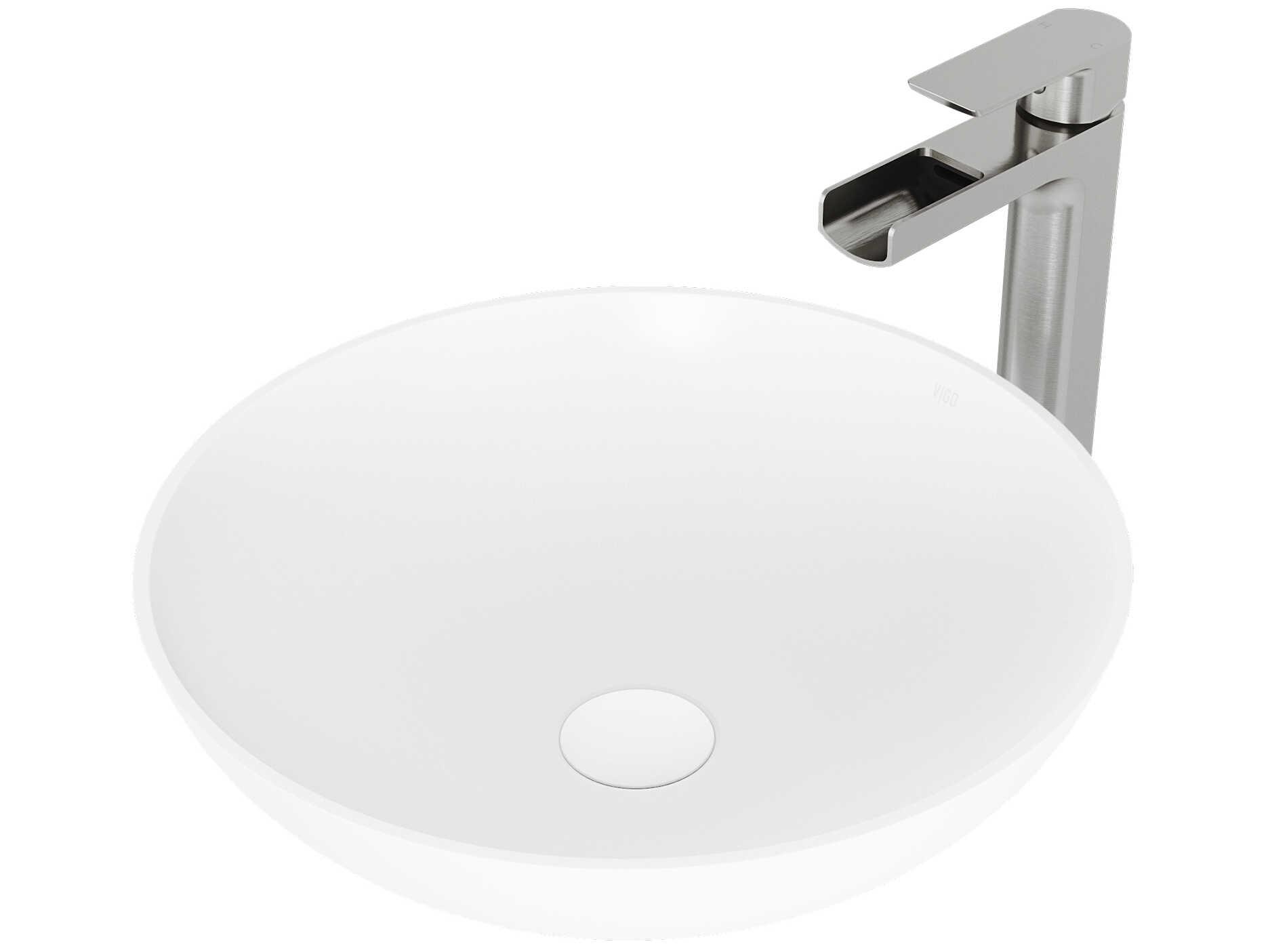 Vigo Lotus Matte White 16" Round Vessel Bathroom Sink with Brushed Nickel 1-Handle Amada Faucet and Pop-Up Drain