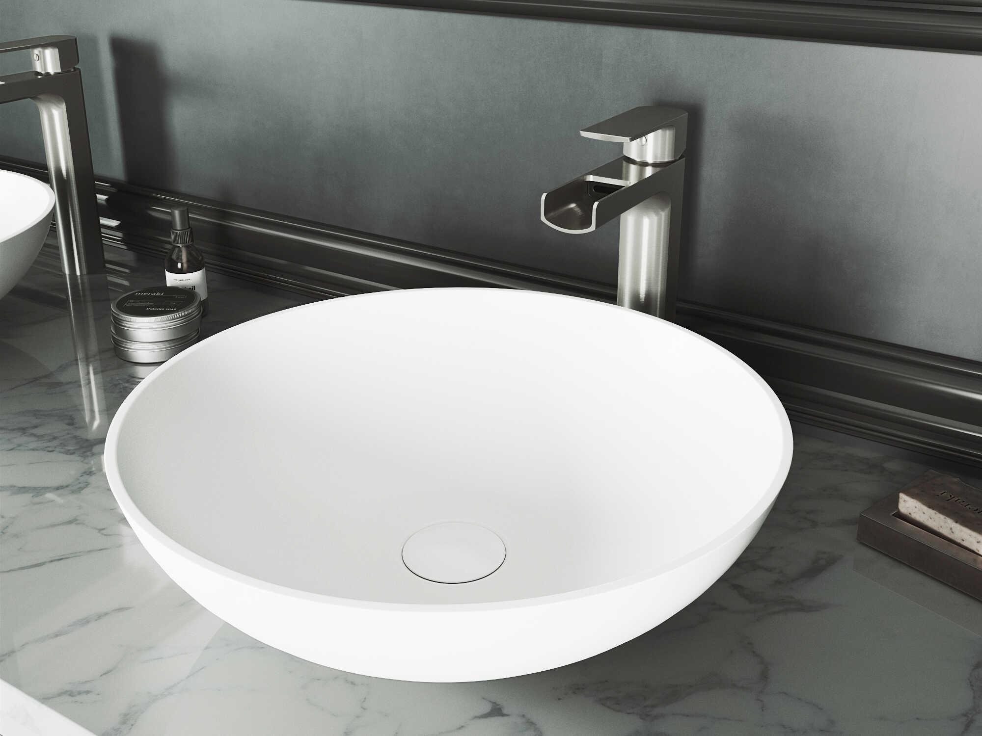 Vigo Lotus Matte White 16" Round Vessel Bathroom Sink with Brushed Nickel 1-Handle Amada Faucet and Pop-Up Drain
