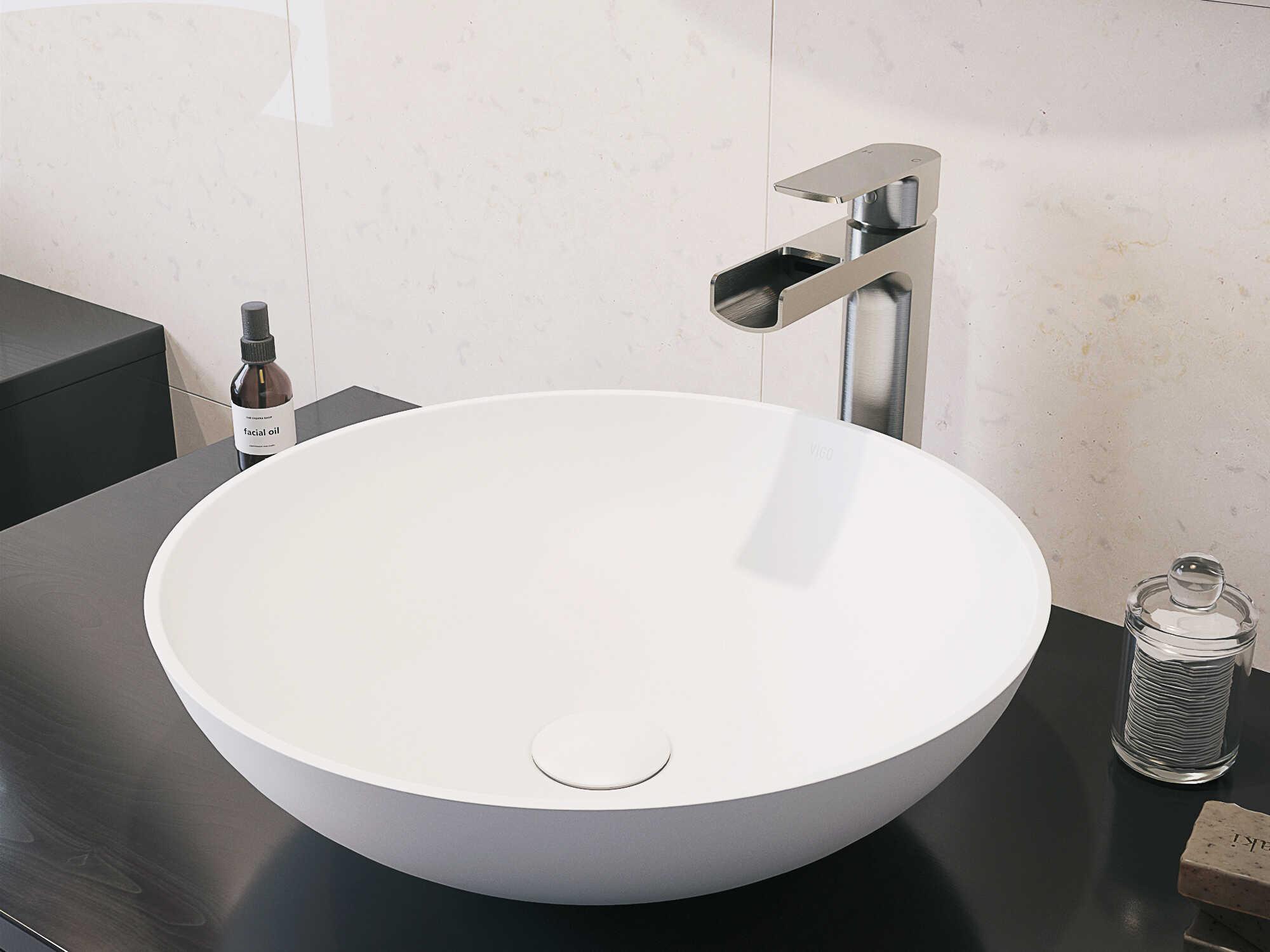 Vigo Lotus Matte White 16" Round Vessel Bathroom Sink with Brushed Nickel 1-Handle Amada Faucet and Pop-Up Drain