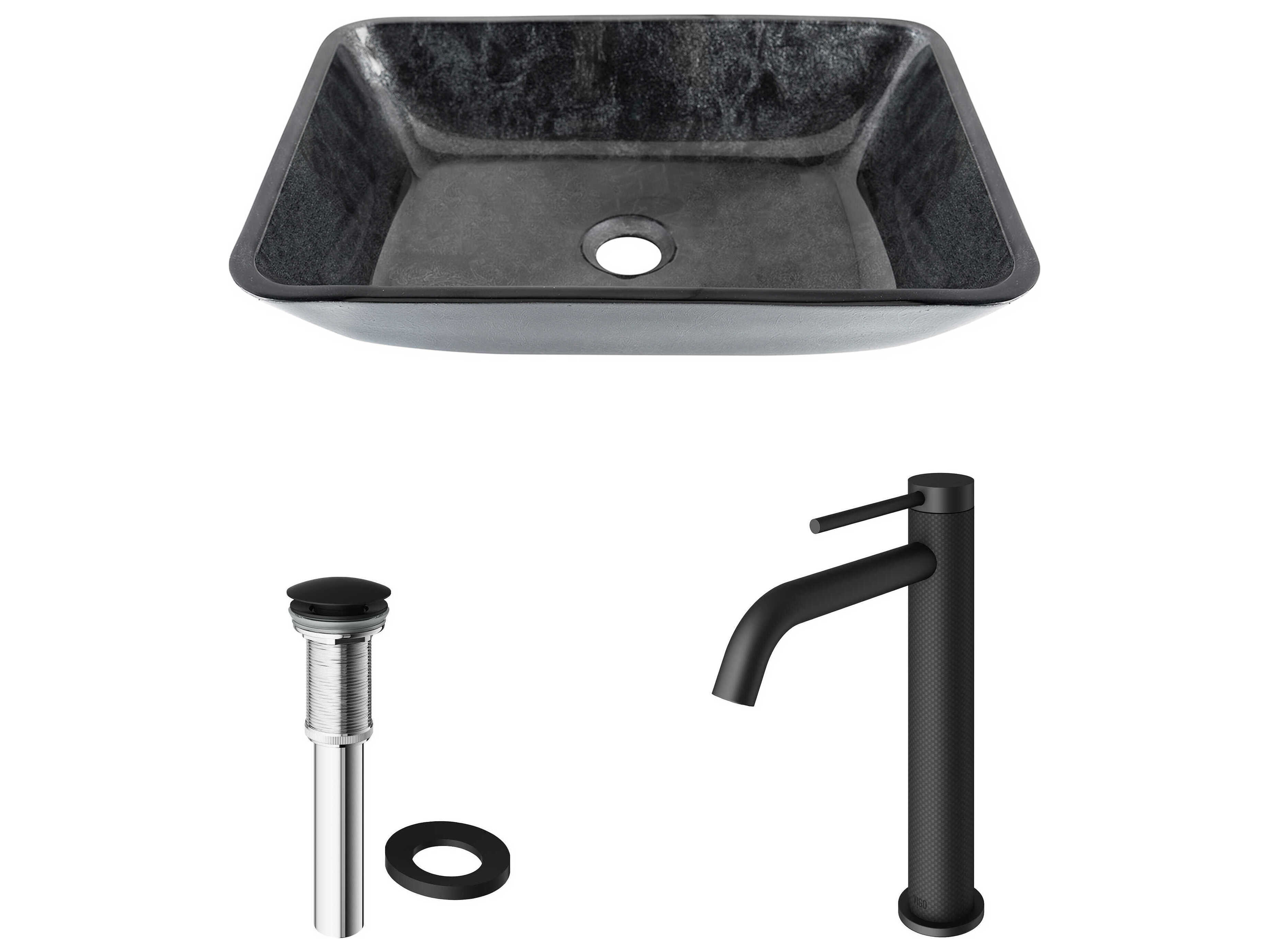 Vigo Onyx Gray 18" Rectangular Vessel Bathroom Sink with Matte Black 1-Lever Lexington Faucet and Drain