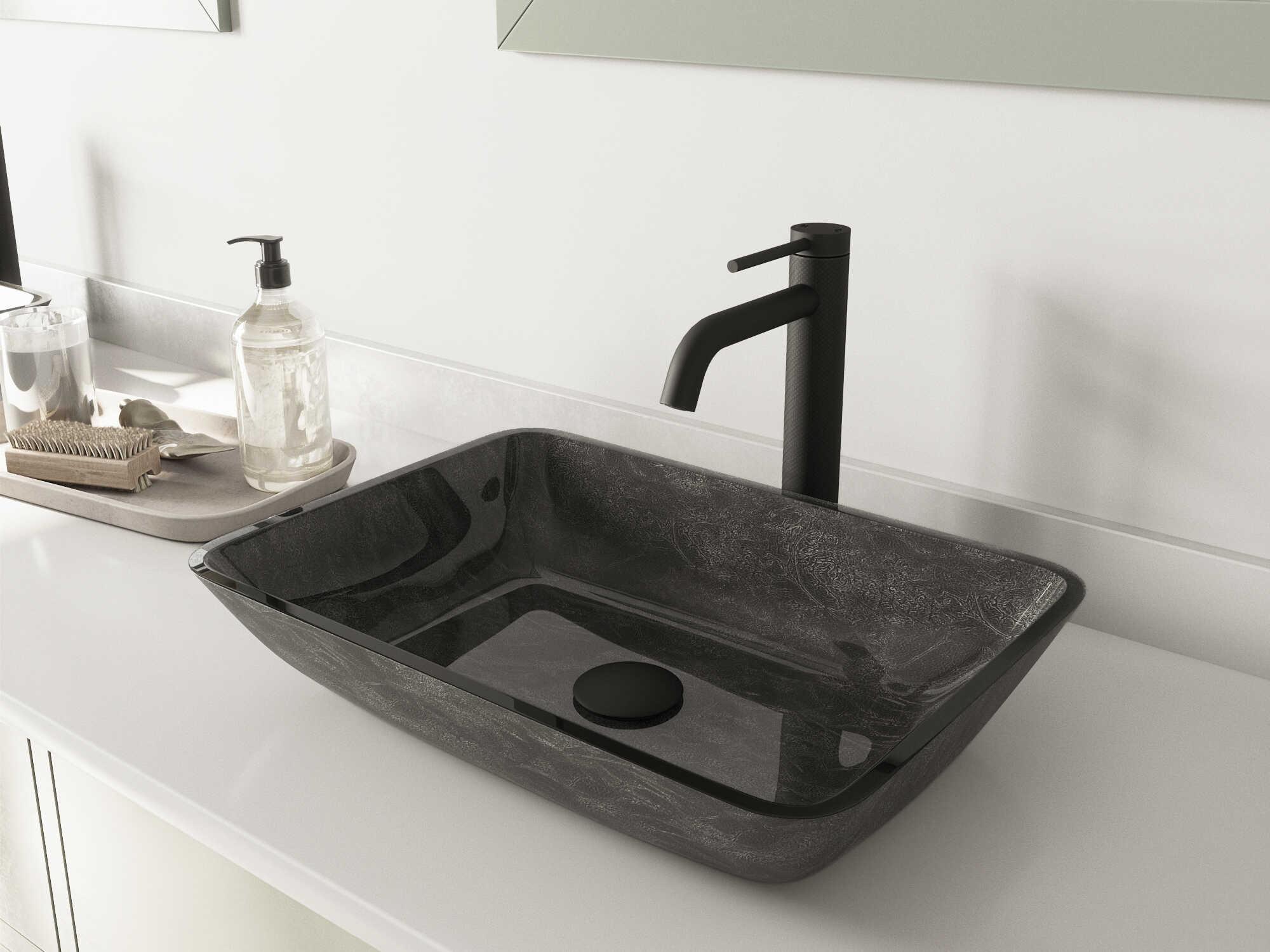 Vigo Onyx Gray 18" Rectangular Vessel Bathroom Sink with Matte Black 1-Lever Lexington Faucet and Drain