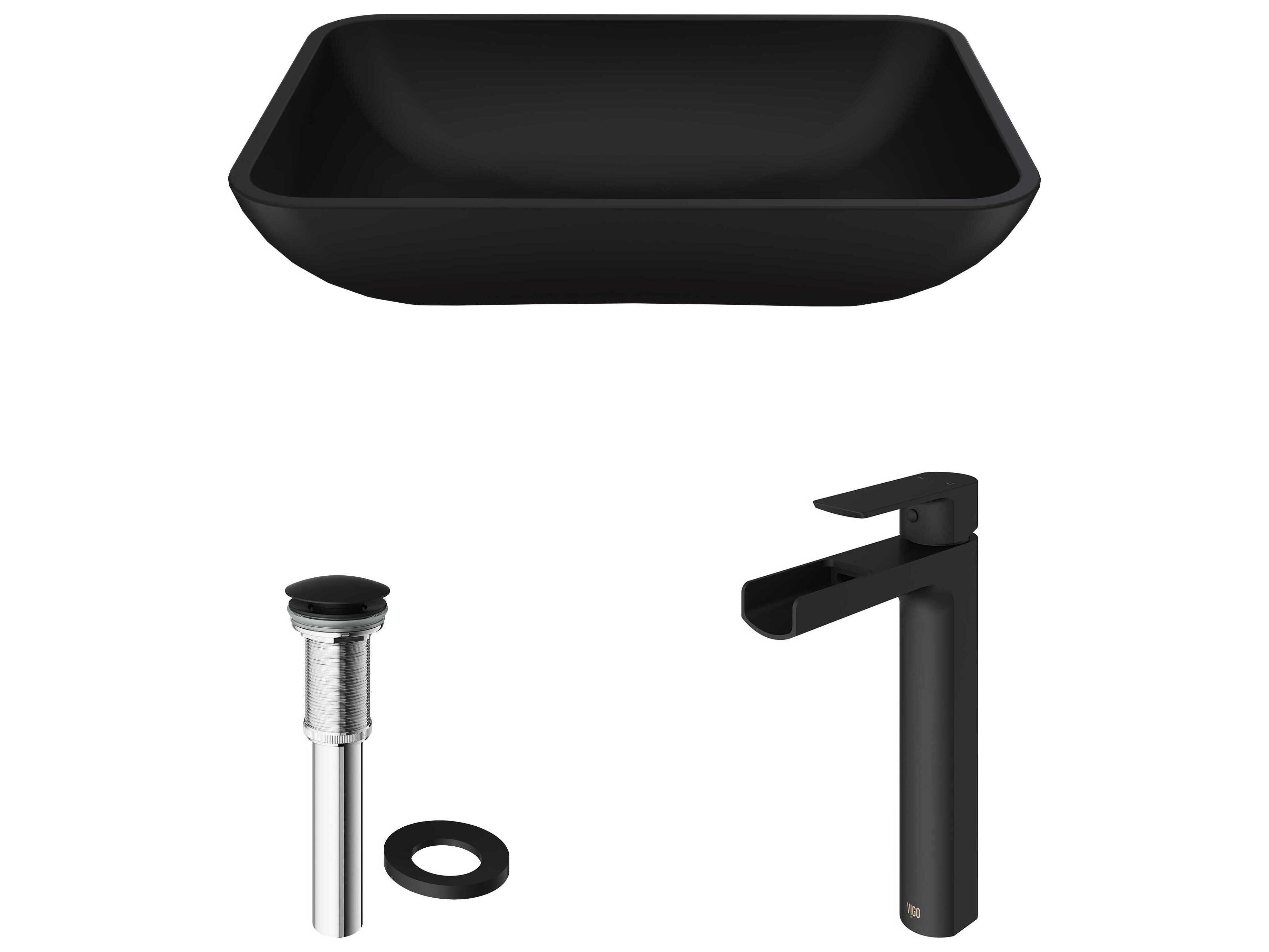 Vigo Sottile Matte Shell 18" Rectangular Vessel Bathroom Sink with Matte Black 1-Handle Amada Faucet and Pop-Up Drain