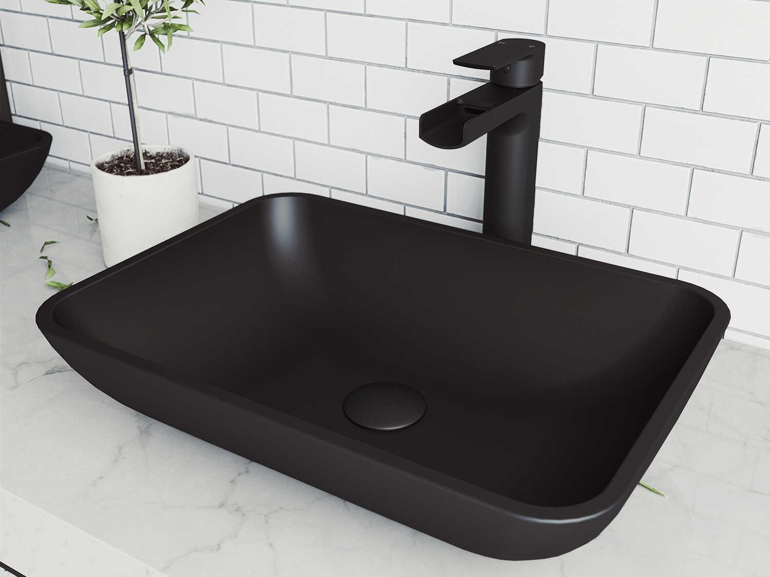 Vigo Sottile Matte Shell 18" Rectangular Vessel Bathroom Sink with Matte Black 1-Handle Amada Faucet and Pop-Up Drain
