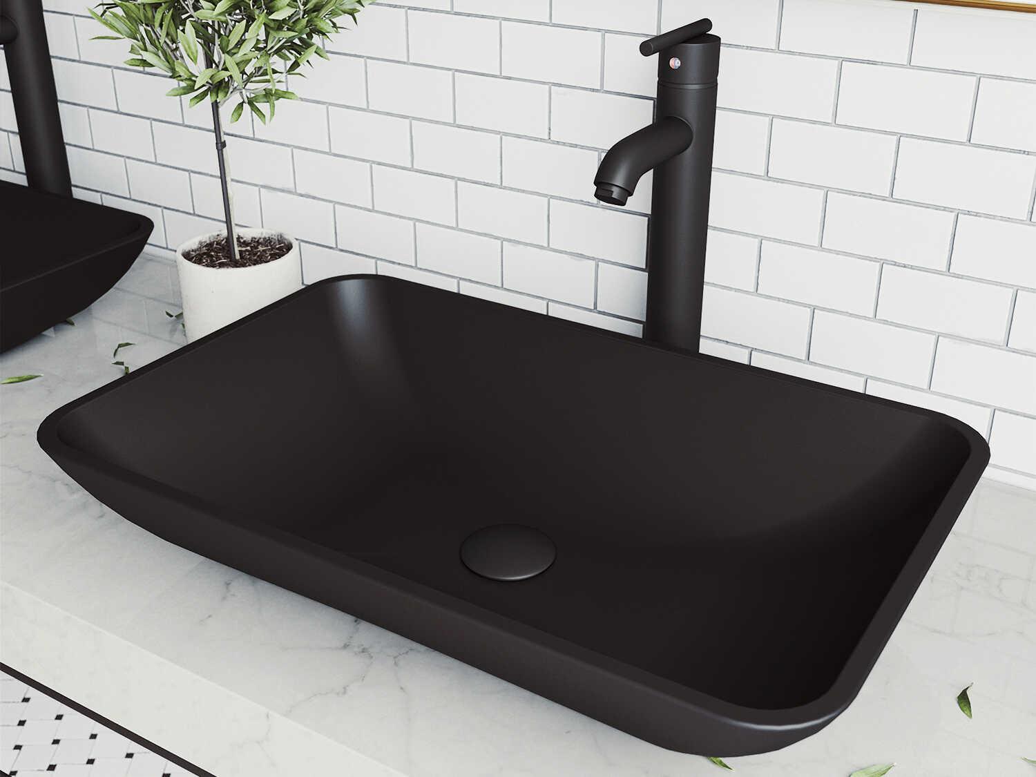Vigo Hadyn Matte Shell 22" Rectangular Vessel Bathroom Sink with Matte Black 1-Handle Seville Faucet and Pop-Up Drain