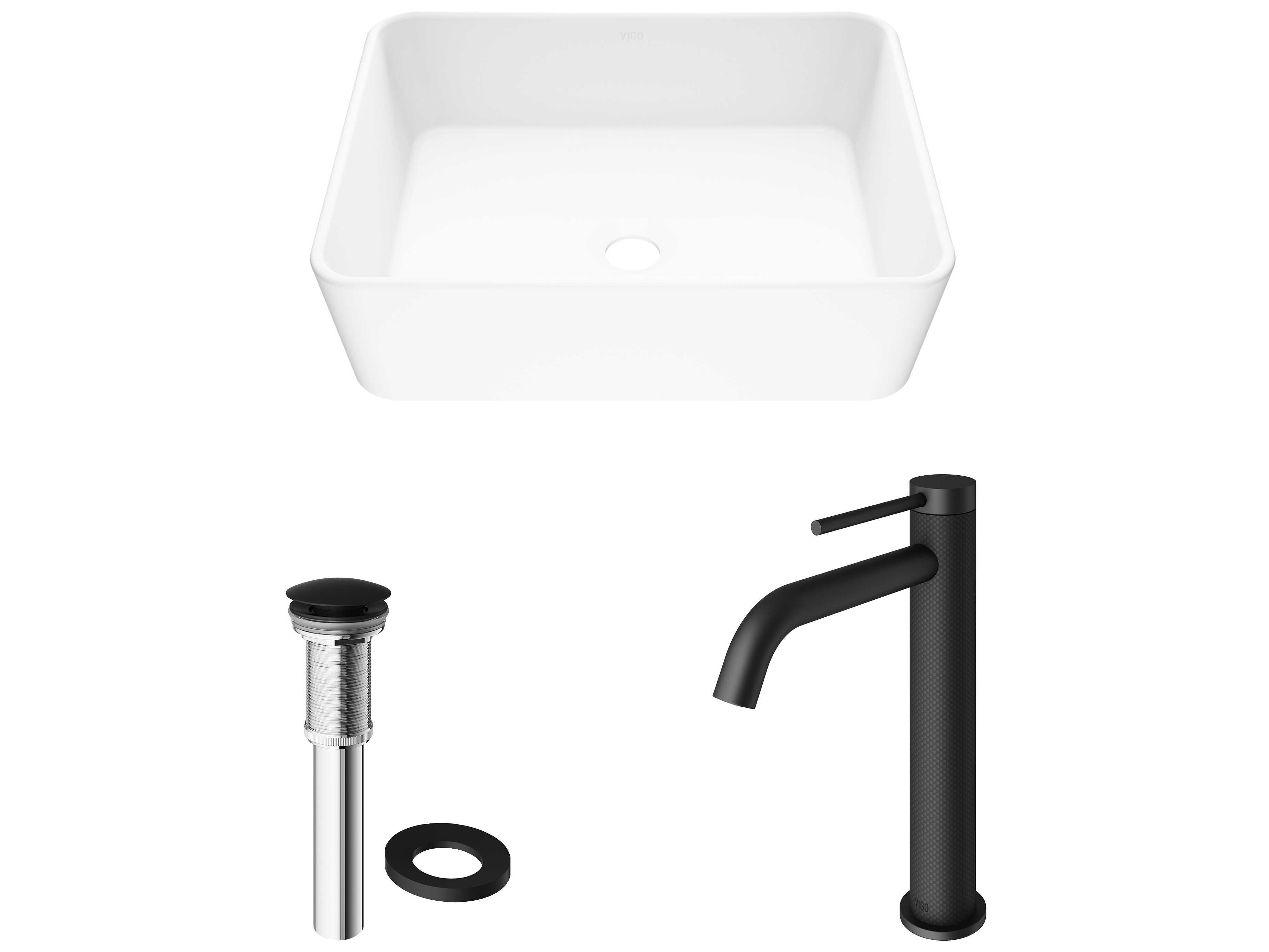 Vigo Marigold Matte White 18" Rectangular Vessel Bathroom Sink with Matte Black 1-Lever Lexington Faucet and Drain