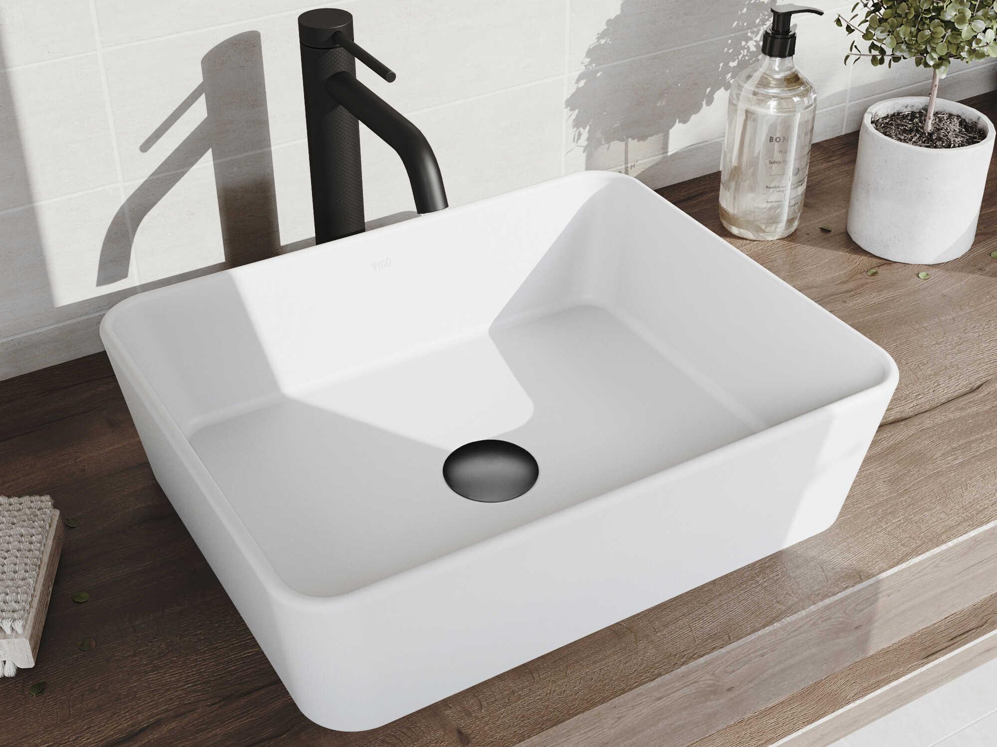 Vigo Marigold Matte White 18" Rectangular Vessel Bathroom Sink with Matte Black 1-Lever Lexington Faucet and Drain