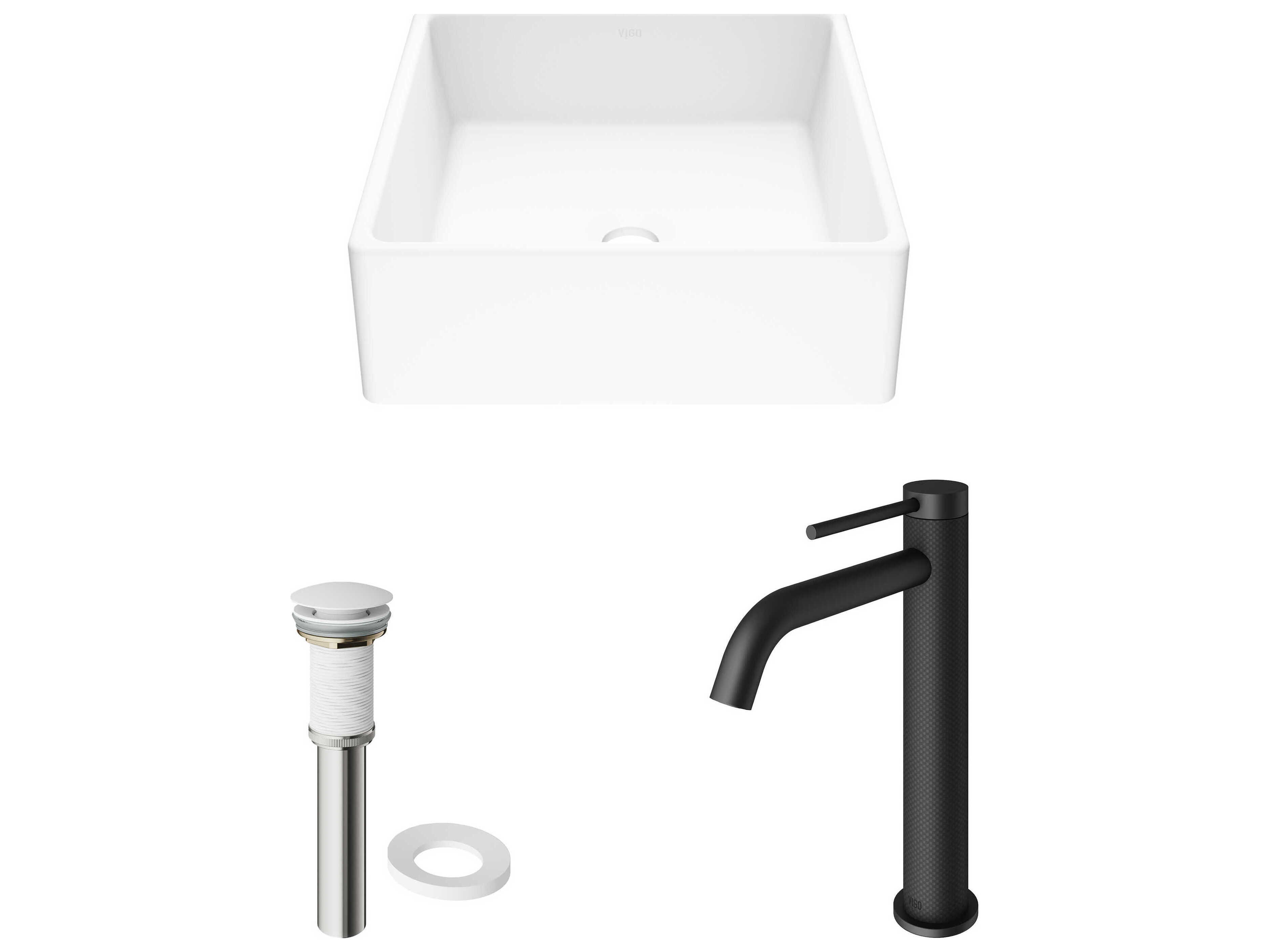 Vigo Dianthus Matte White 15" Square Vessel Bathroom Sink with Matte Black 1-Lever Lexington Faucet and Drain