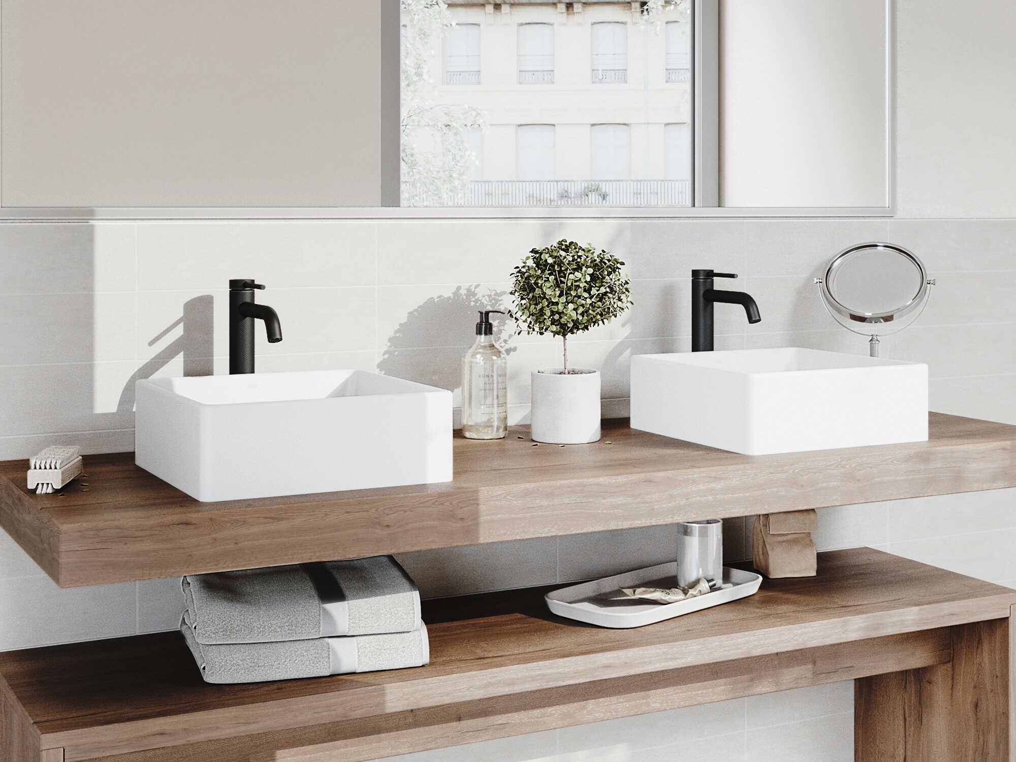 Vigo Dianthus Matte White 15" Square Vessel Bathroom Sink with Matte Black 1-Lever Lexington Faucet and Drain