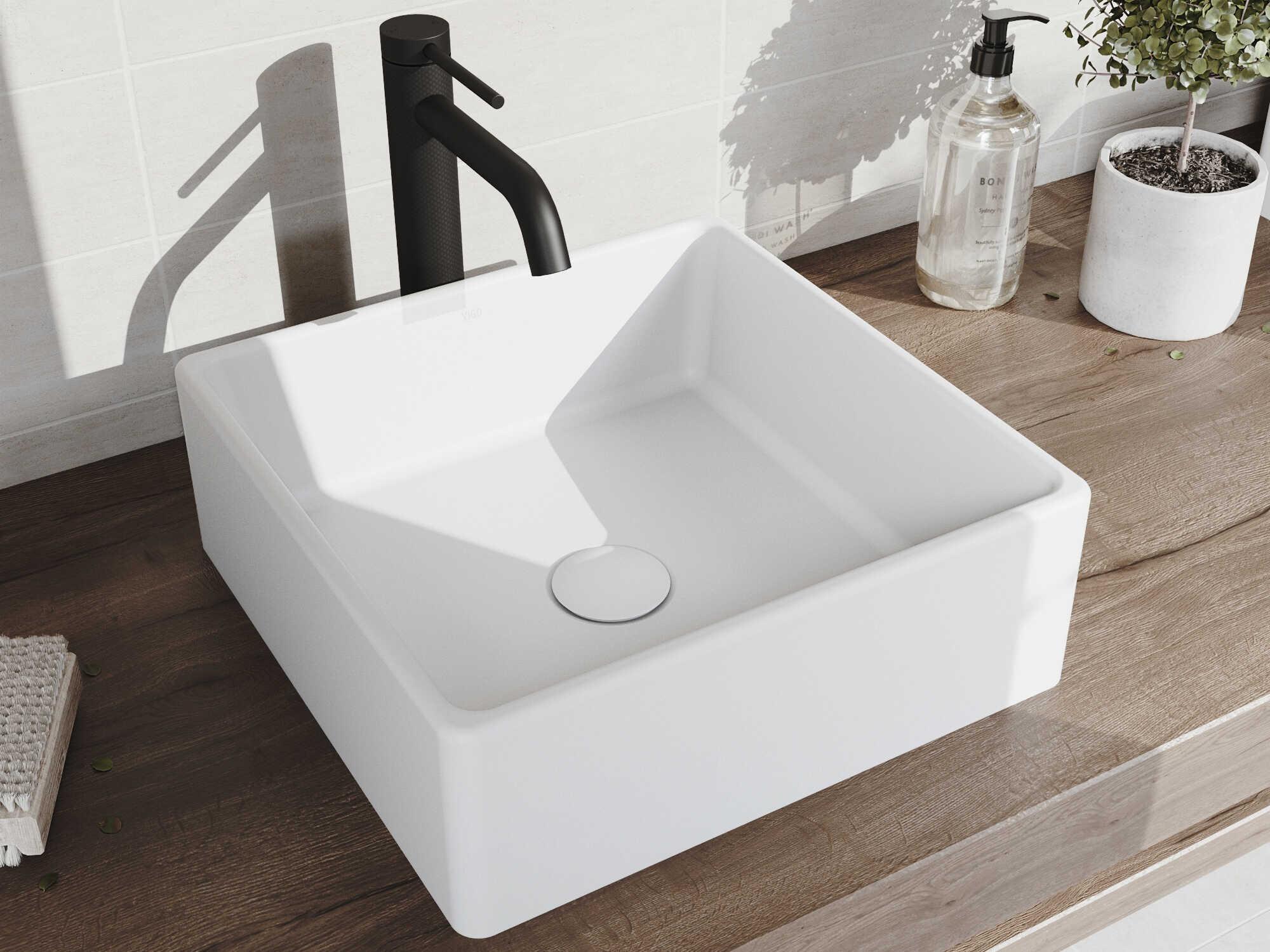 Vigo Dianthus Matte White 15" Square Vessel Bathroom Sink with Matte Black 1-Lever Lexington Faucet and Drain