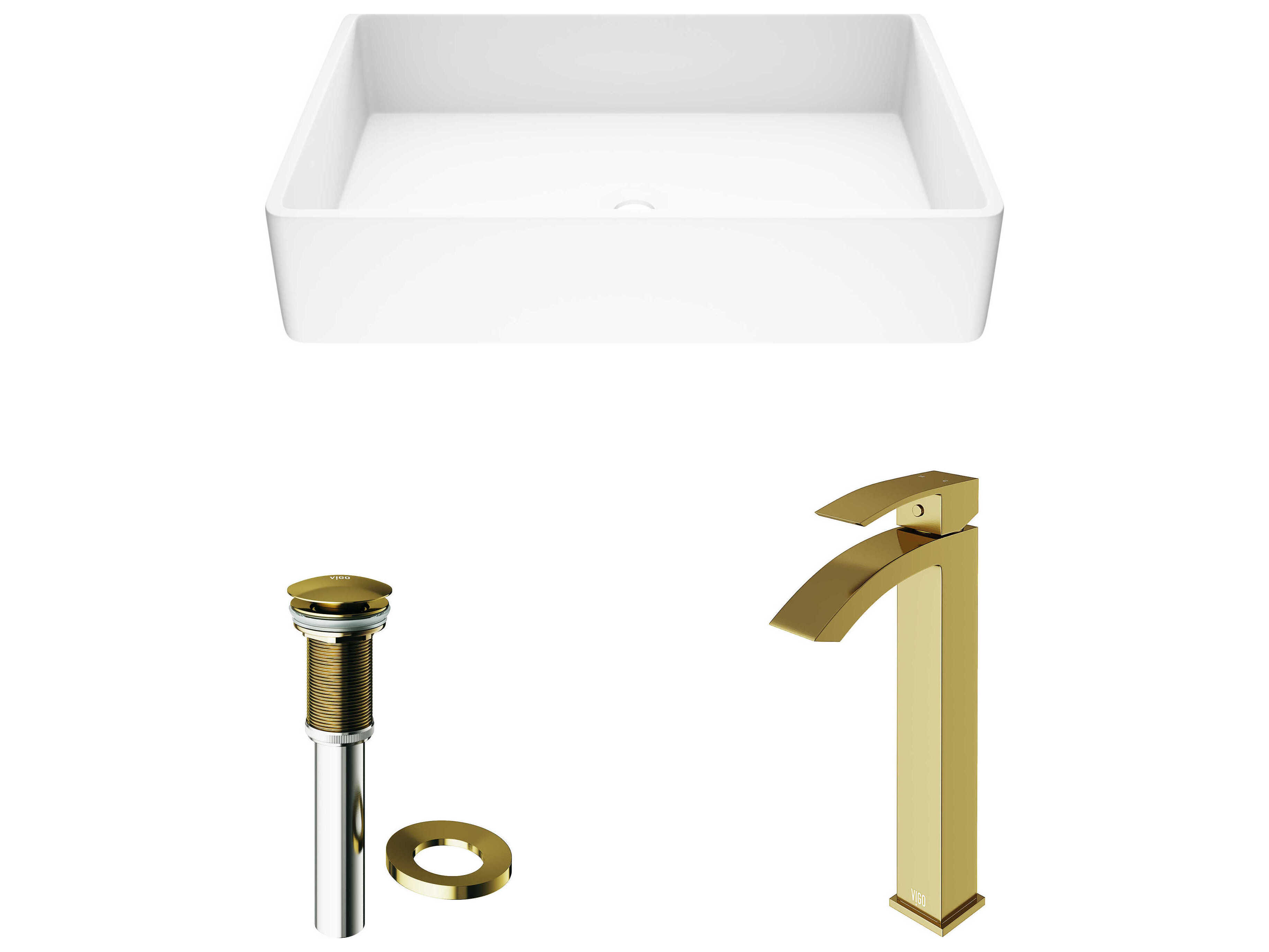 Vigo Magnolia Matte White 21" Rectangular Vessel Bathroom Sink with Matte Brushed Gold 1-Handle Duris Faucet and Pop-Up Drain