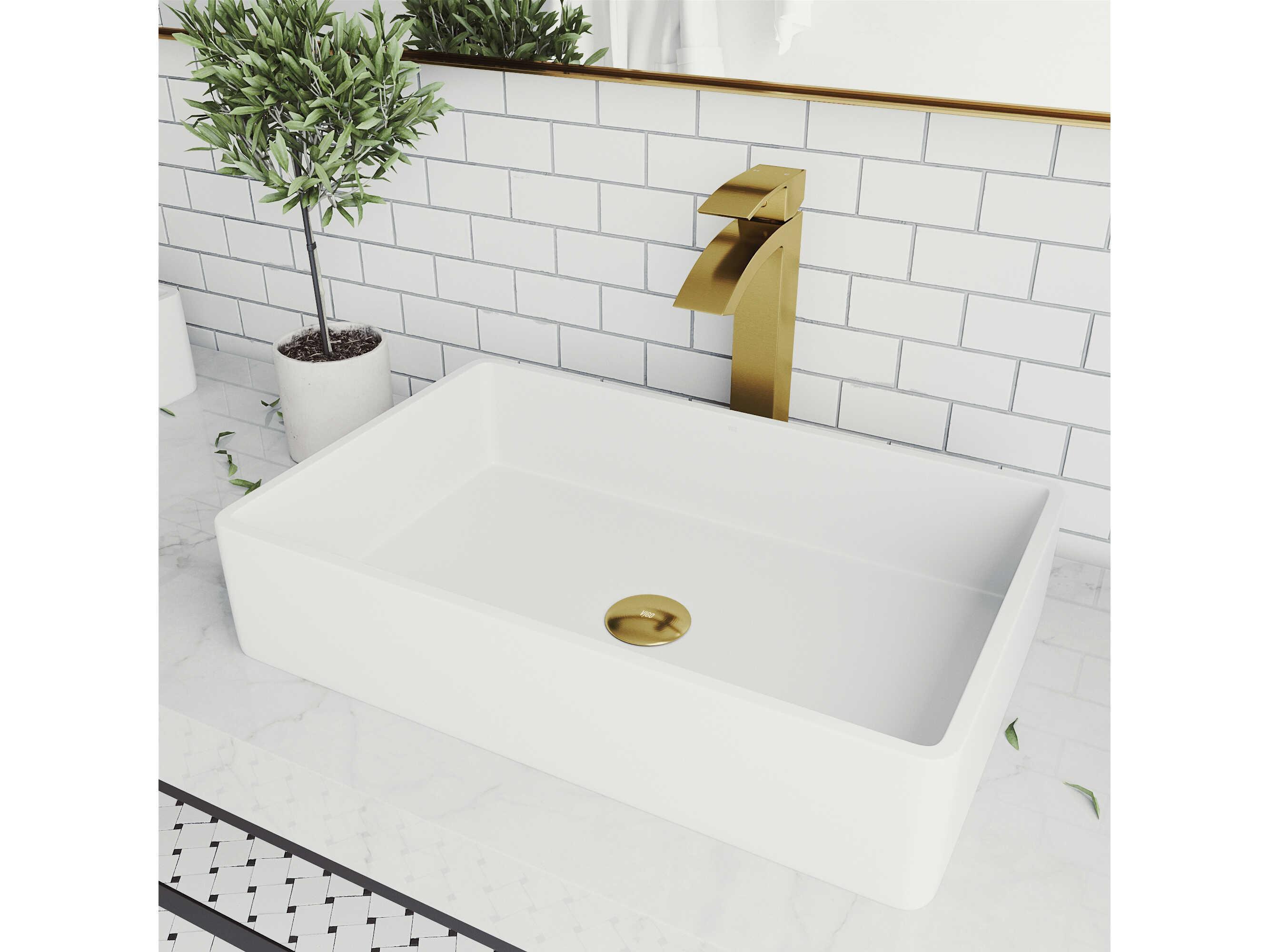 Vigo Magnolia Matte White 21" Rectangular Vessel Bathroom Sink with Matte Brushed Gold 1-Handle Duris Faucet and Pop-Up Drain