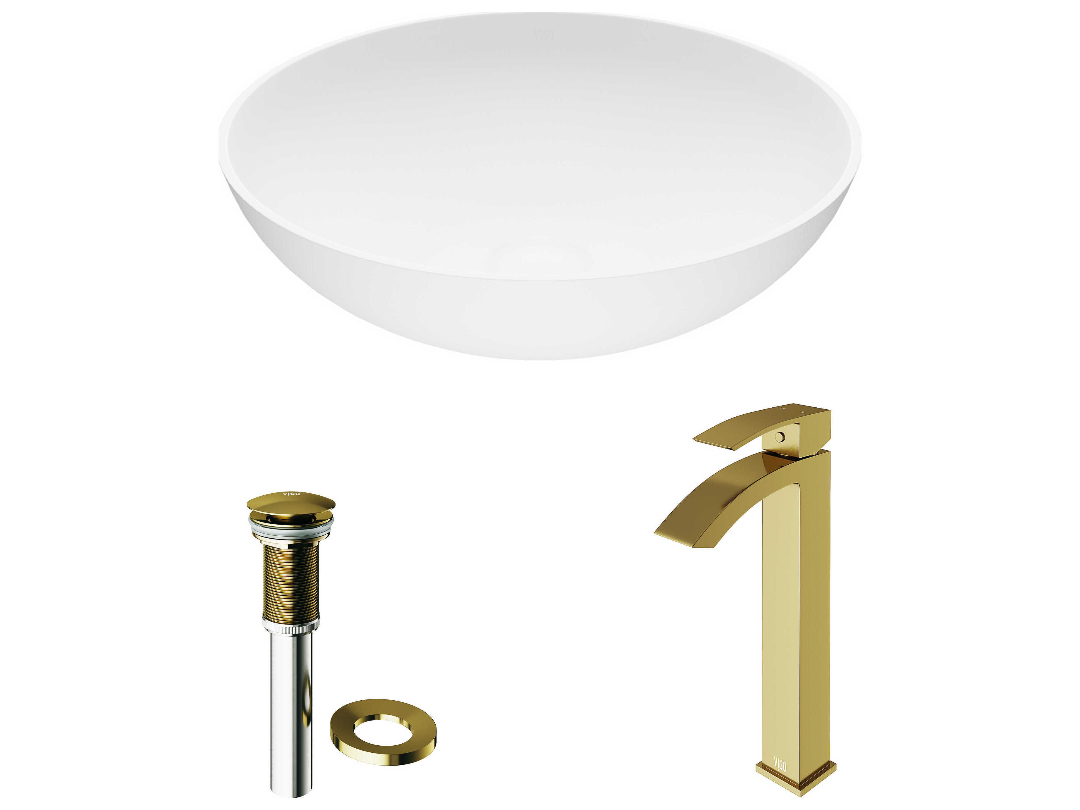 Vigo Lotus Matte White 16" Round Vessel Bathroom Sink with Matte Brushed Gold 1-Handle Duris Faucet and Pop-Up Drain