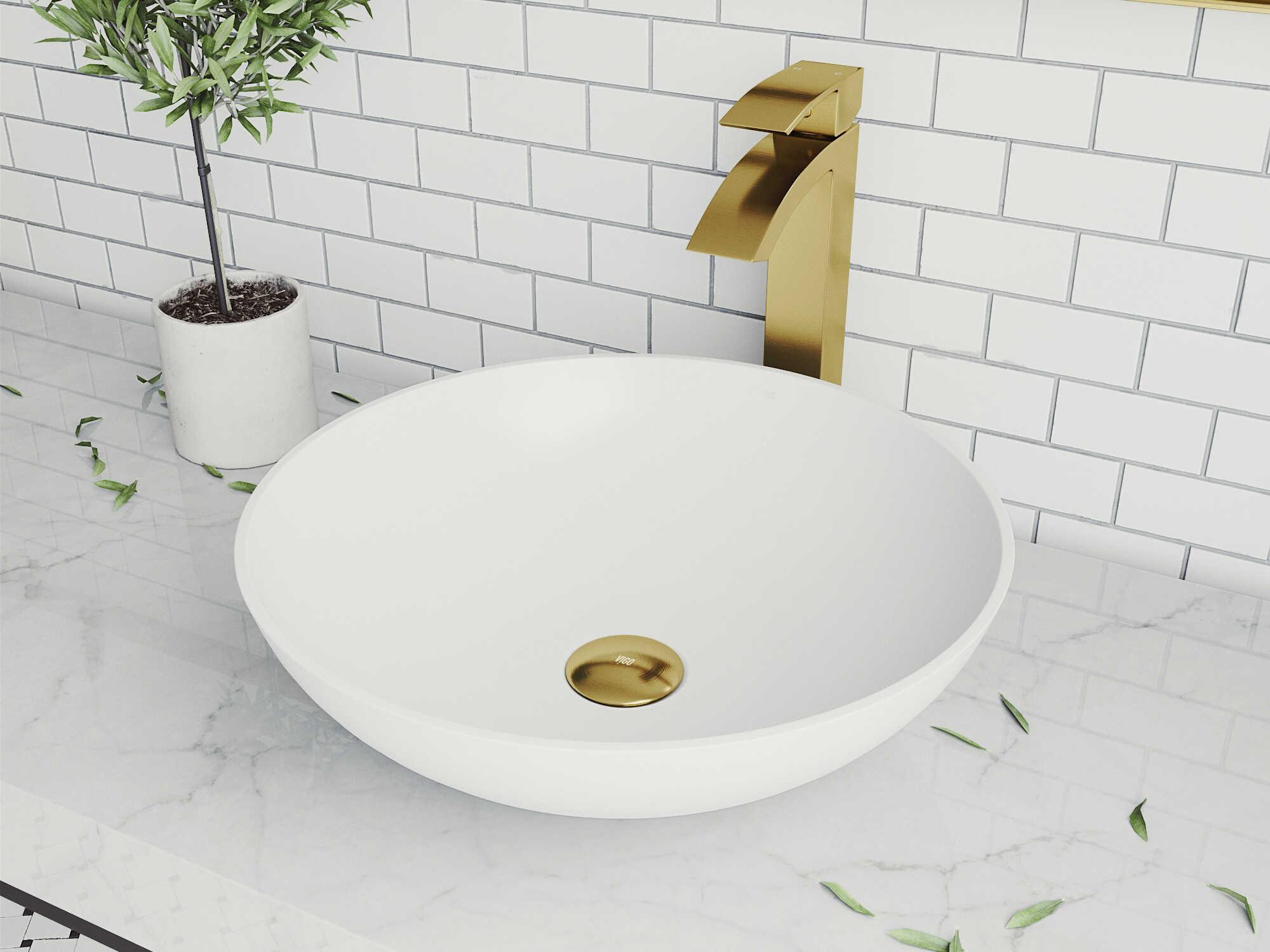 Vigo Lotus Matte White 16" Round Vessel Bathroom Sink with Matte Brushed Gold 1-Handle Duris Faucet and Pop-Up Drain