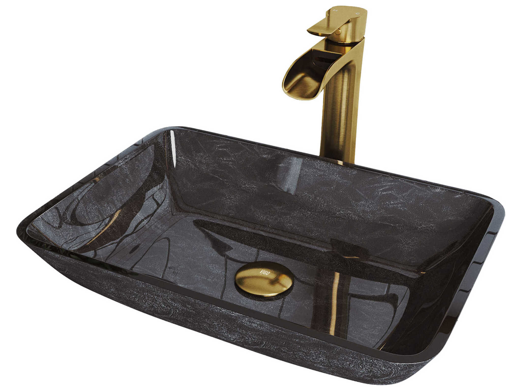 Vigo Onyx Gray 18" Rectangular Vessel Bathroom Sink with Matte Brushed Gold 1-Lever Niko Faucet and Pop-Up Drain