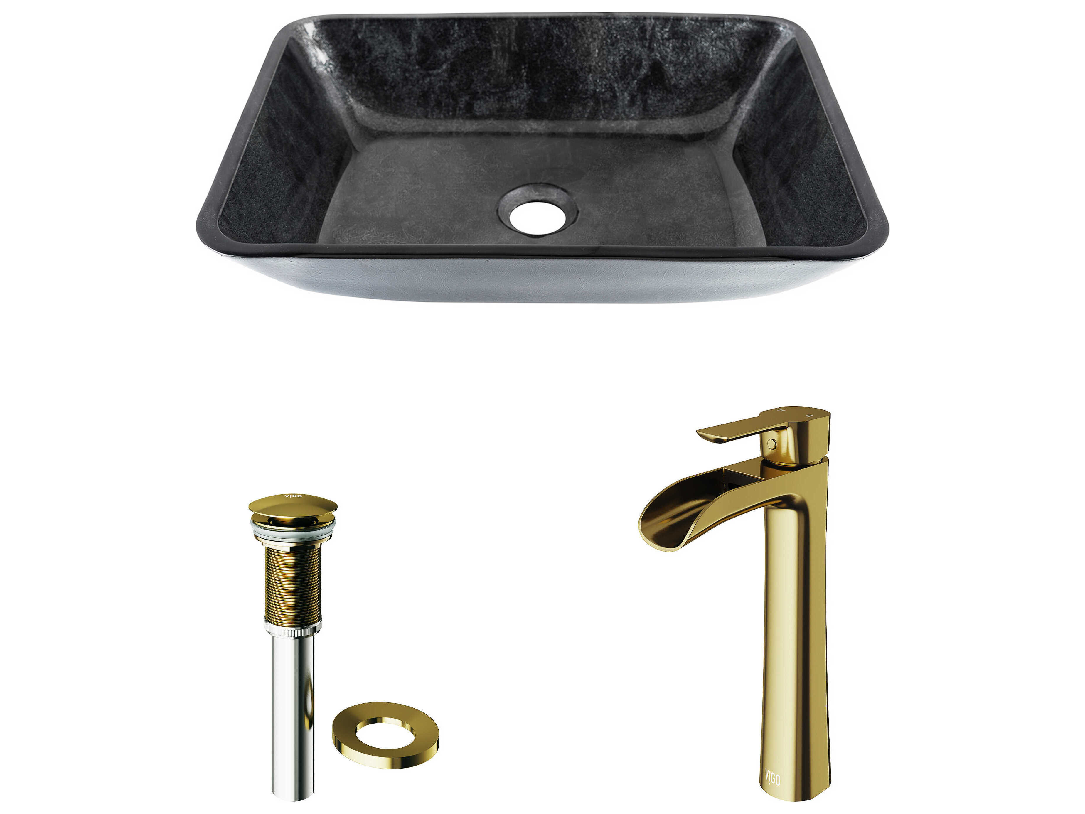 Vigo Onyx Gray 18" Rectangular Vessel Bathroom Sink with Matte Brushed Gold 1-Lever Niko Faucet and Pop-Up Drain