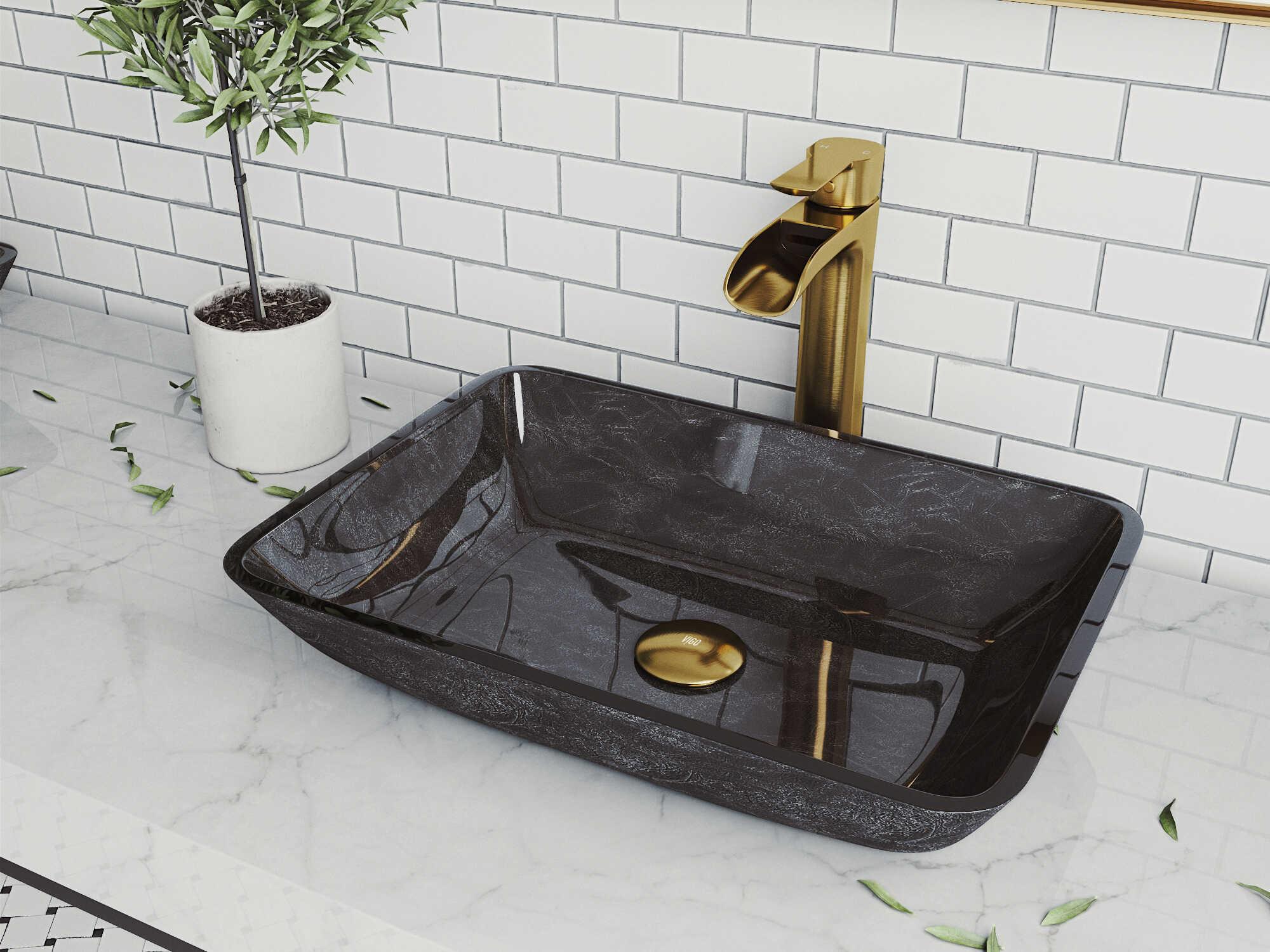 Vigo Onyx Gray 18" Rectangular Vessel Bathroom Sink with Matte Brushed Gold 1-Lever Niko Faucet and Pop-Up Drain