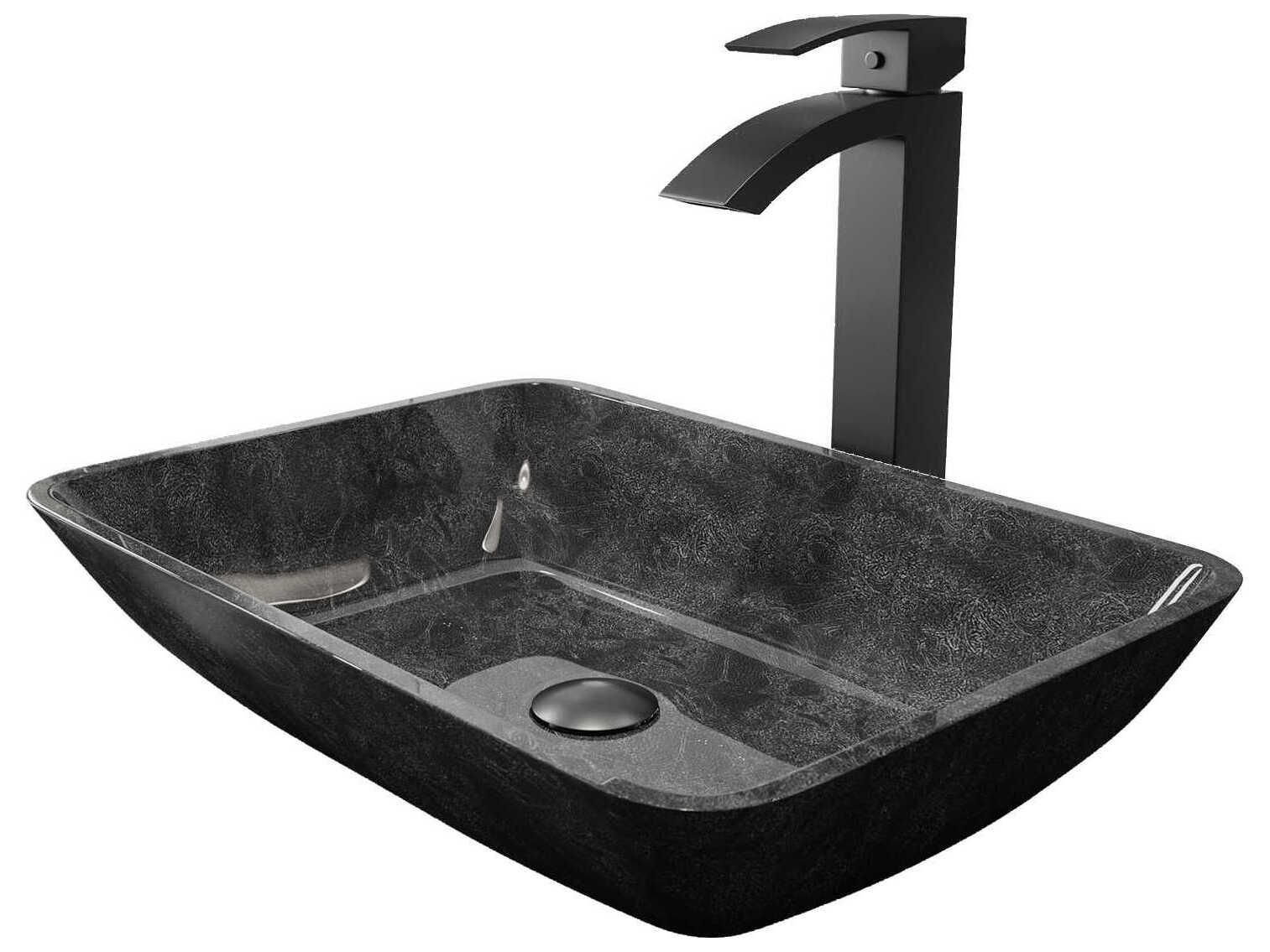 Vigo Onyx Gray 18" Rectangular Vessel Bathroom Sink Set with Matte Black Duris 1-Lever Faucet and Drain