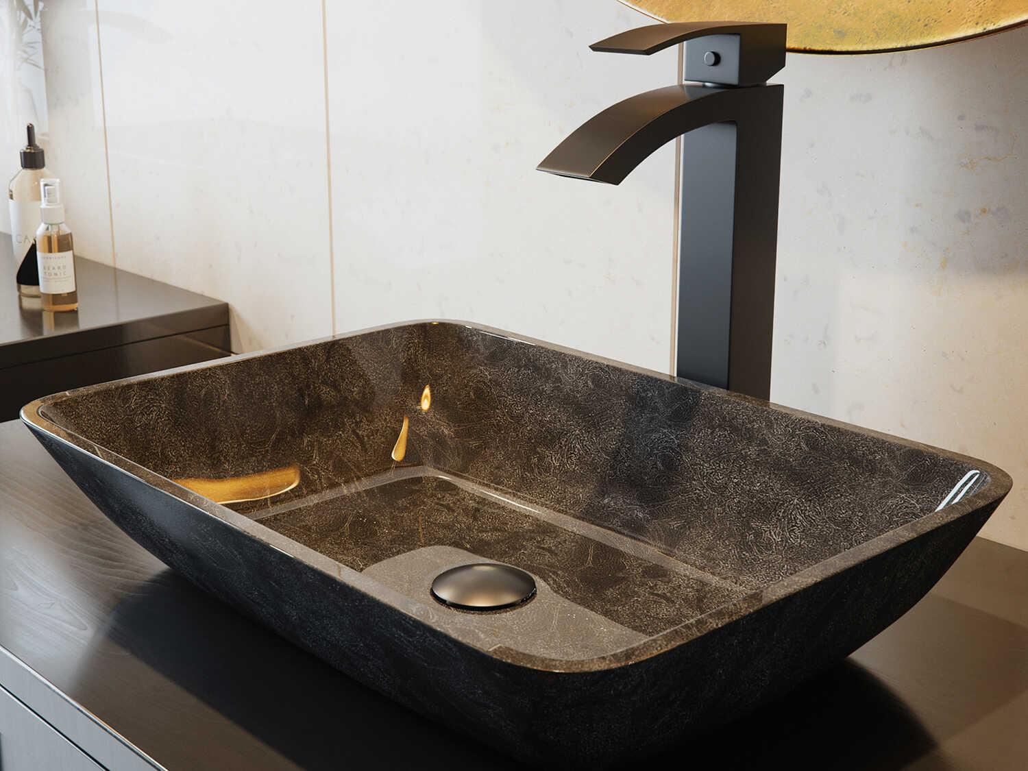 Vigo Onyx Gray 18" Rectangular Vessel Bathroom Sink Set with Matte Black Duris 1-Lever Faucet and Drain