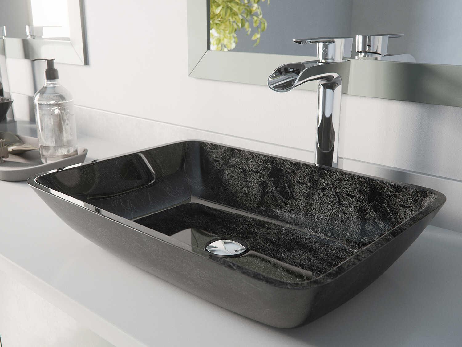 Vigo Onyx Gray 18" Rectangular Vessel Bathroom Sink Set with Chrome Niko 1-Lever Faucet and Drain