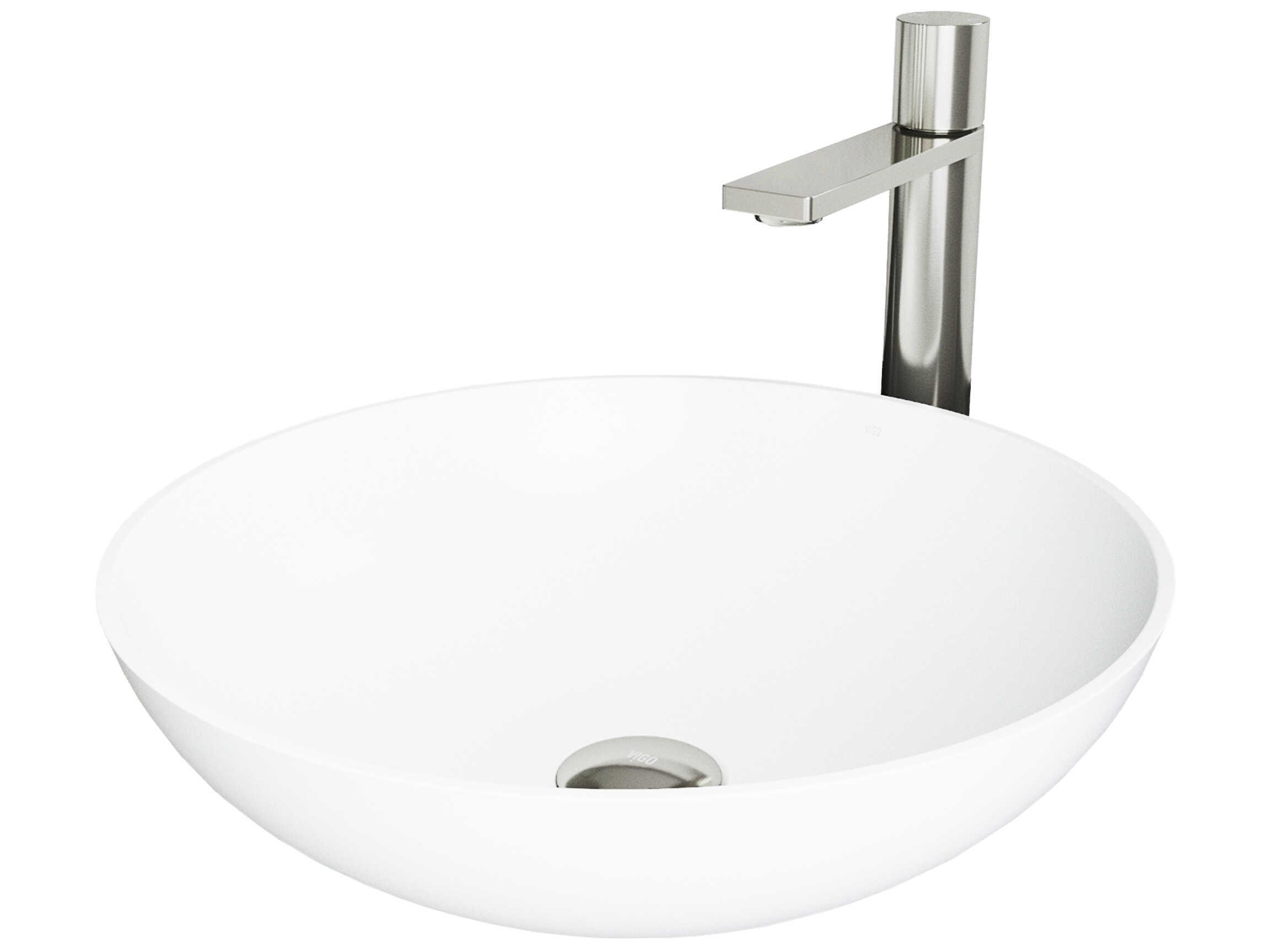 Vigo Lotus Matte White 16" Round Vessel Bathroom Sink with Brushed Nickel Gotham Faucet
