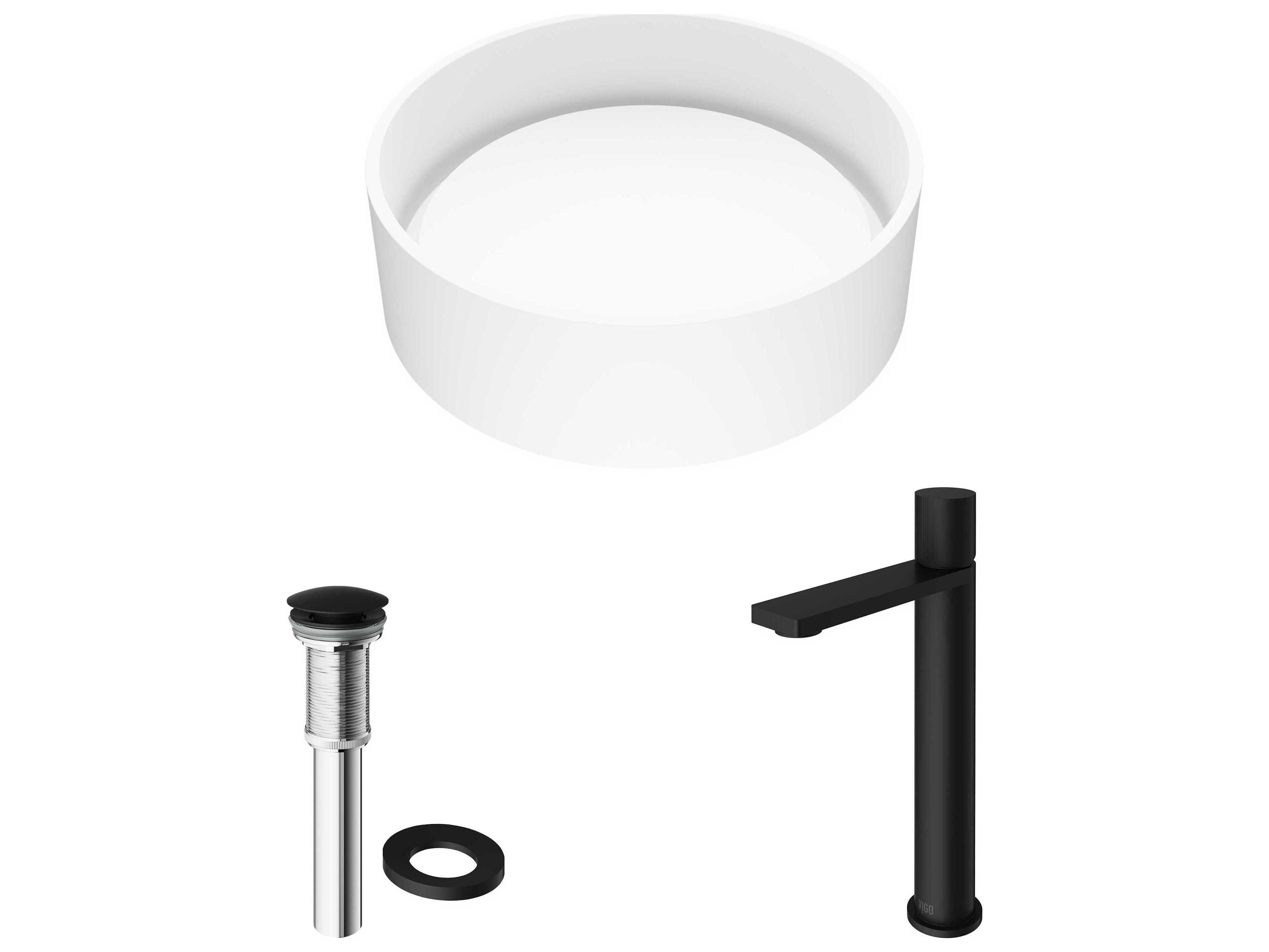Vigo Anvil Matte White 16" Round Vessel Bathroom Sink with Matte Black Gotham Faucet