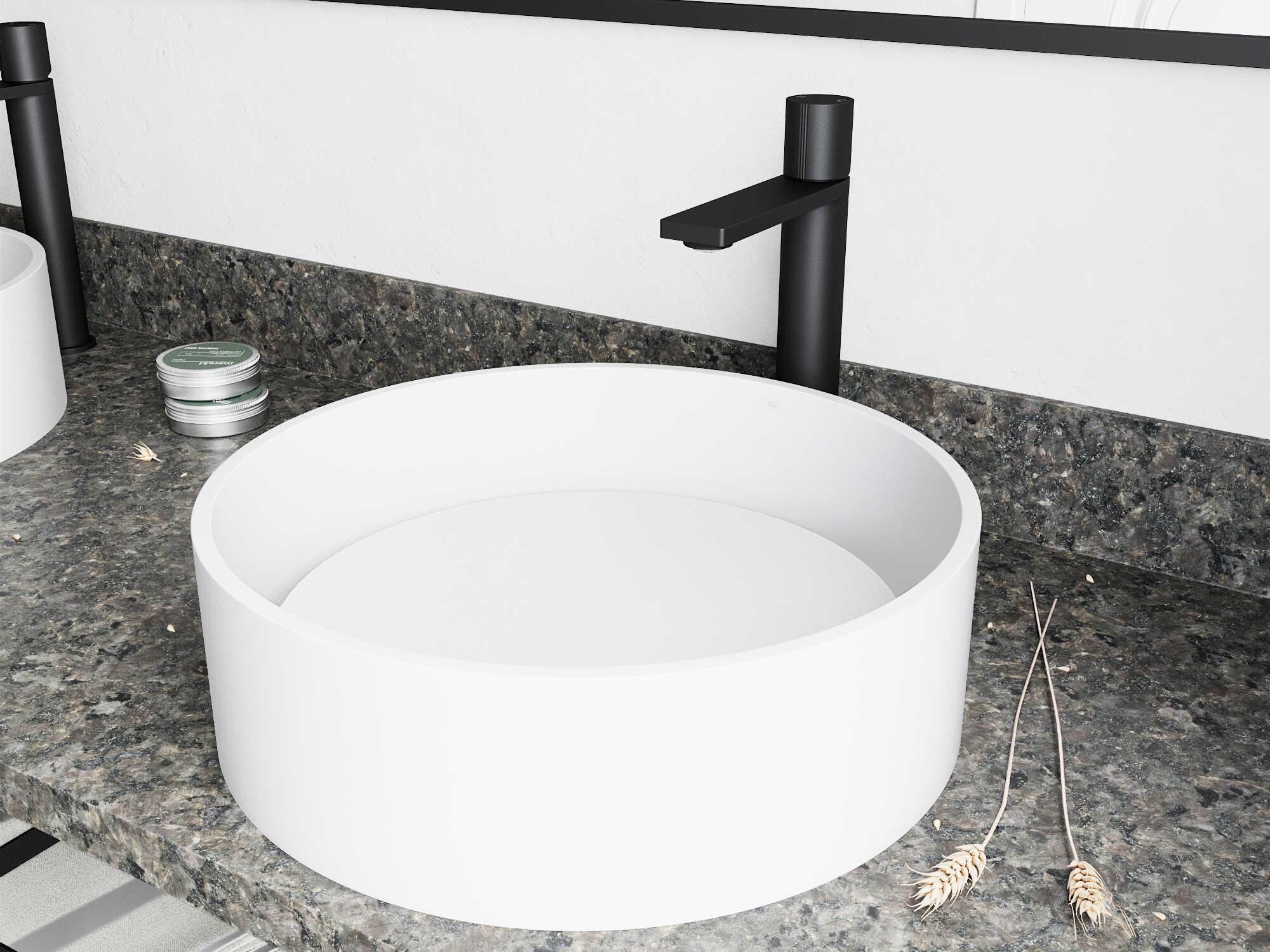 Vigo Anvil Matte White 16" Round Vessel Bathroom Sink with Matte Black Gotham Faucet