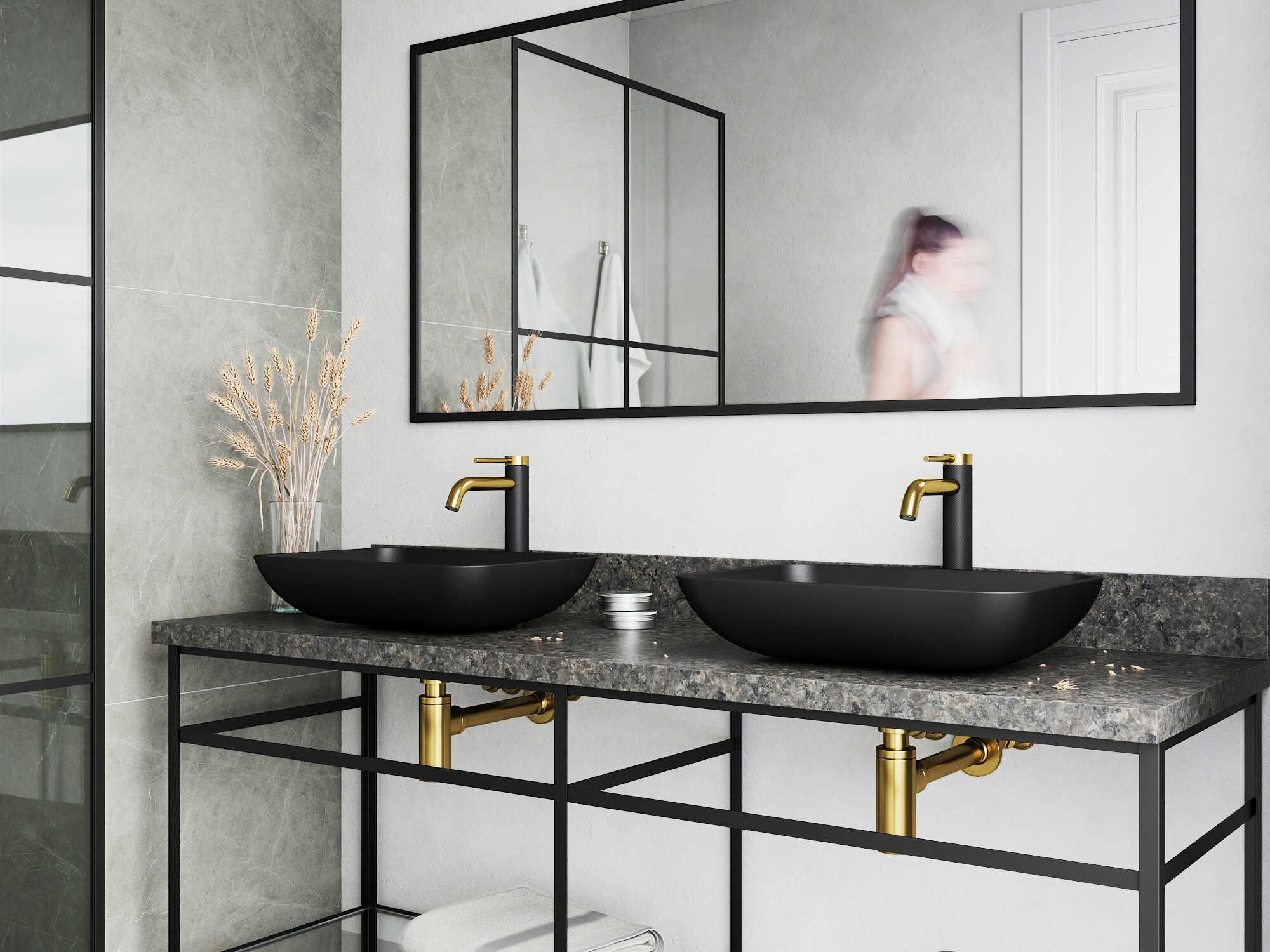 Vigo Sottile Matte Shell 18" Rectangular Vessel Bathroom Sink with Matte Gold / Matte Black Lexington Faucet